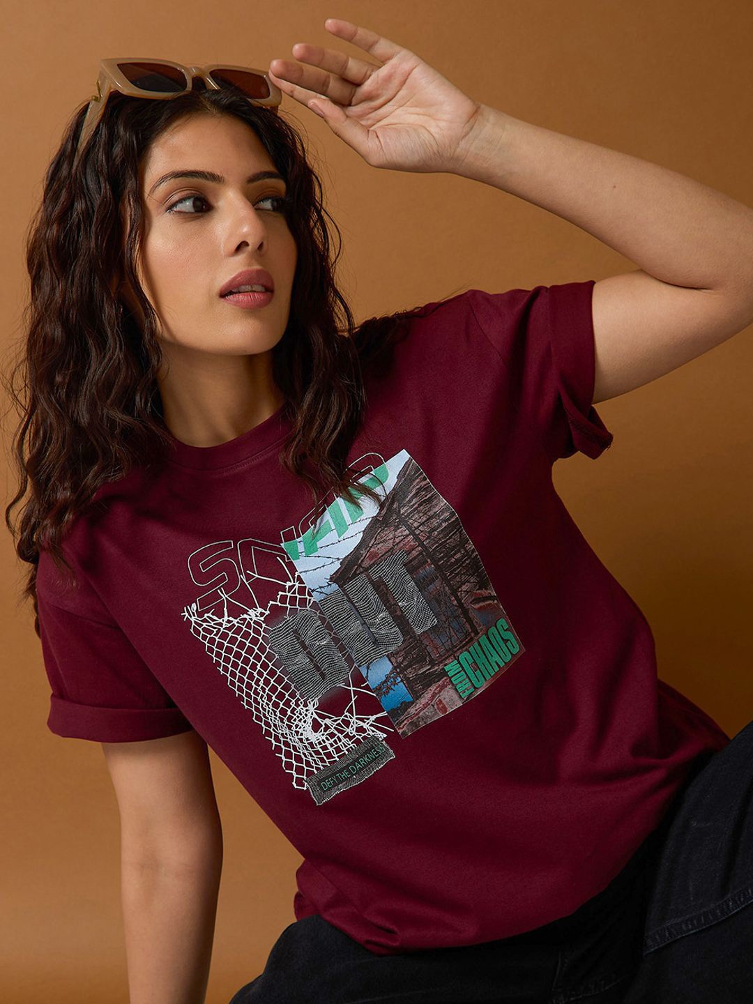 

The Roadster Lifestyle Co. Women Graphic Printed Round Neck Cotton Oversized T-shirt, Burgundy