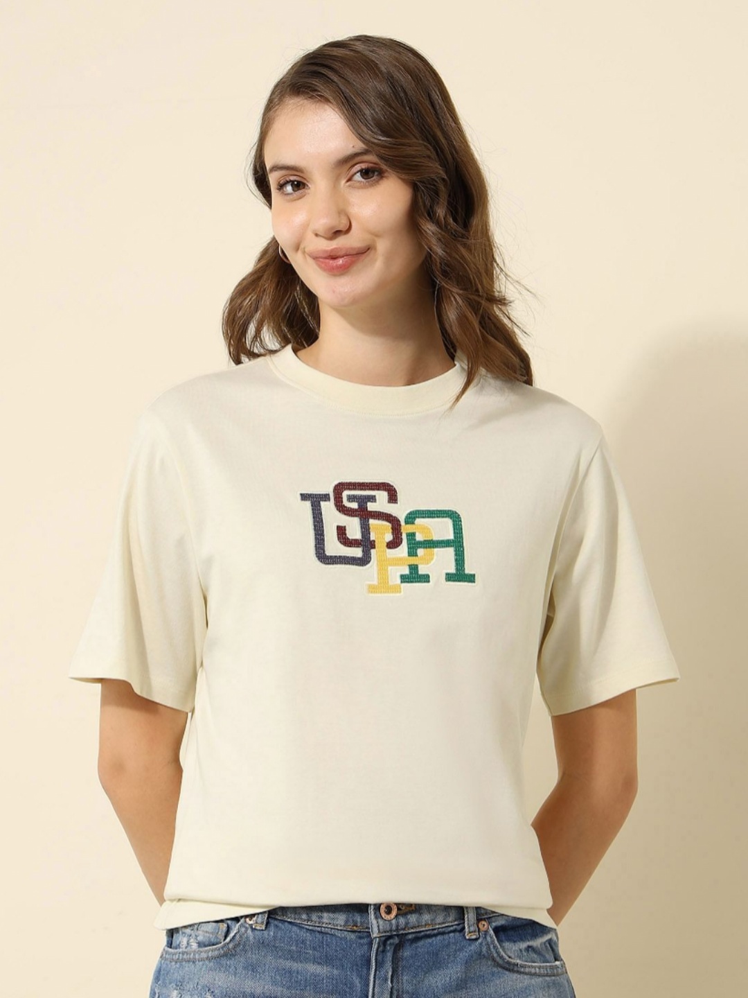 

U.S. Polo Assn. Women Typography Printed Round Neck Cotton T-shirt, White
