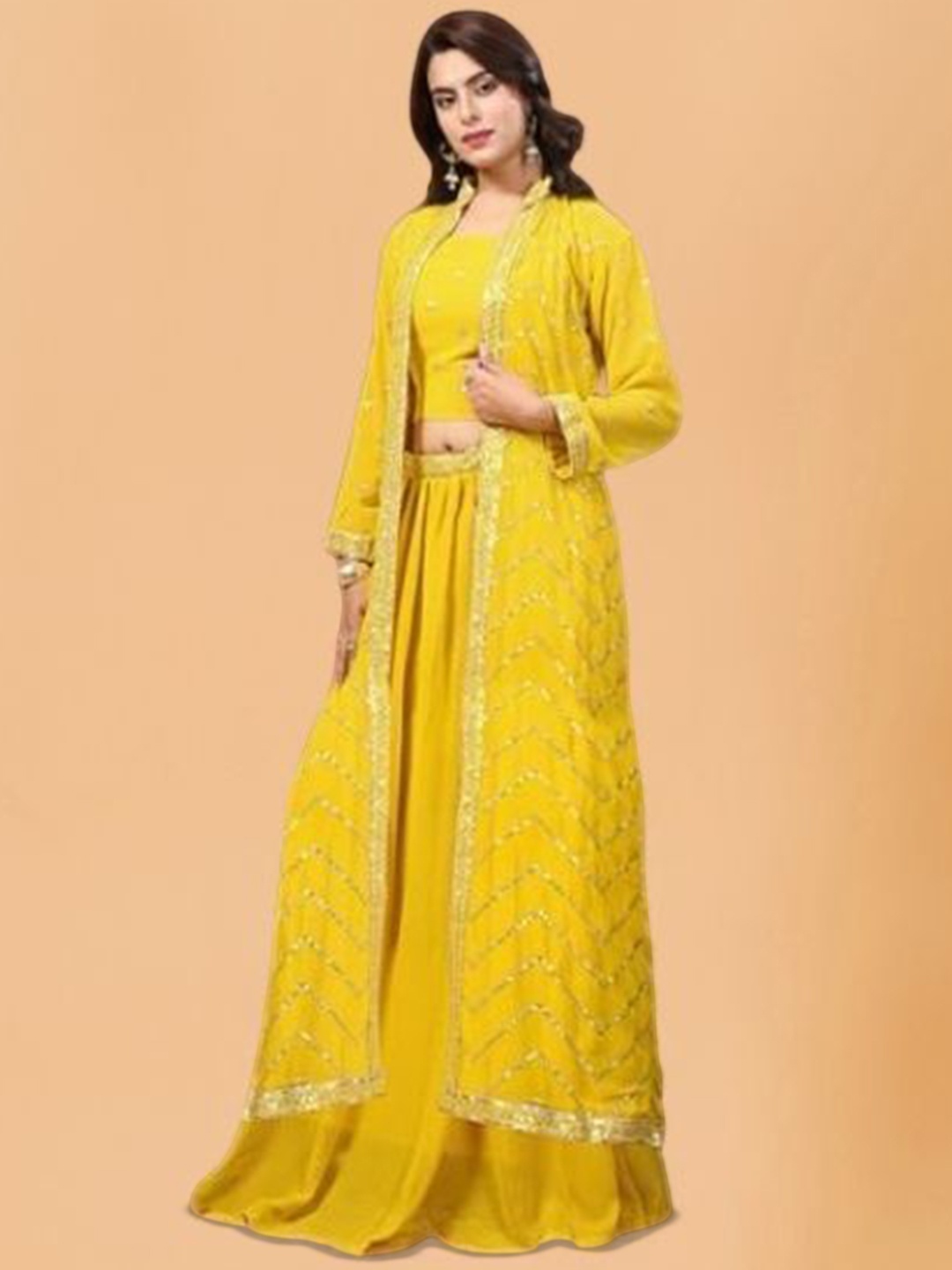 

PARROT CREATION Geometric Embroidered Georgette Crop Top With Skirt & Shrug, Yellow