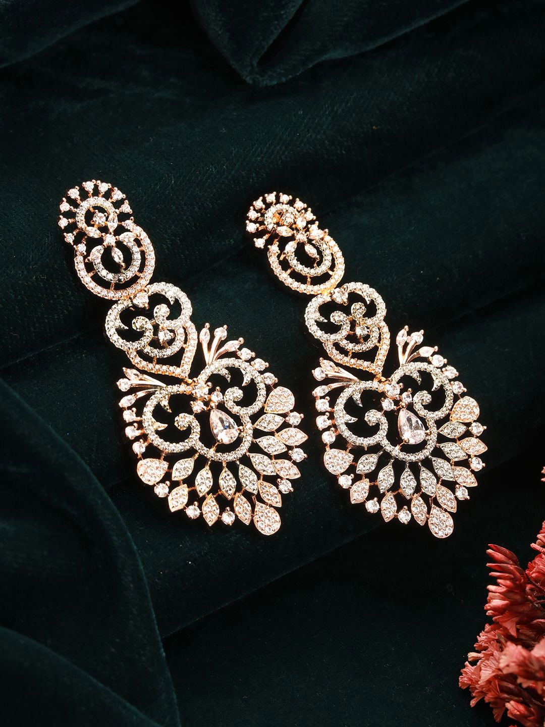 

Saraf RS Jewellery Rose Gold-Plated American Diamond Contemporary Chandbalis