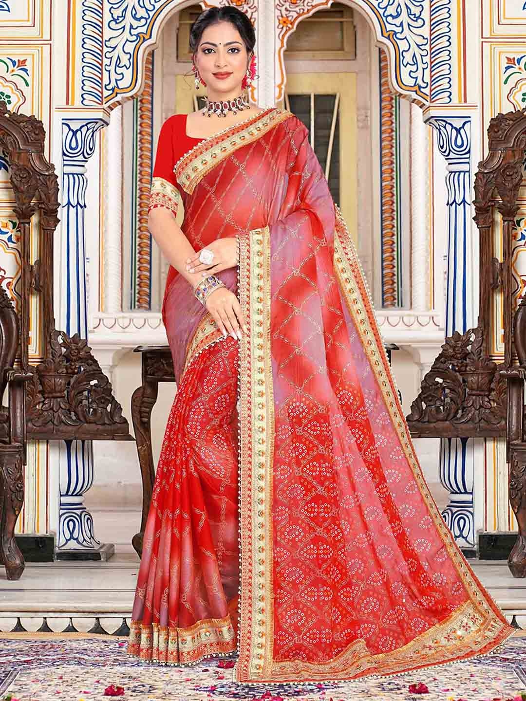 

DIVASTRI Bandhani Sequinned Poly Chiffon Bandhani Saree, Red