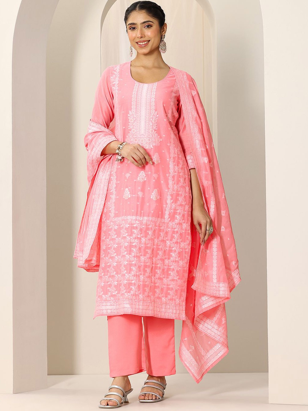 

Libas Floral Woven Design Chanderi Silk Kurta With Trouser And Dupatta, Pink