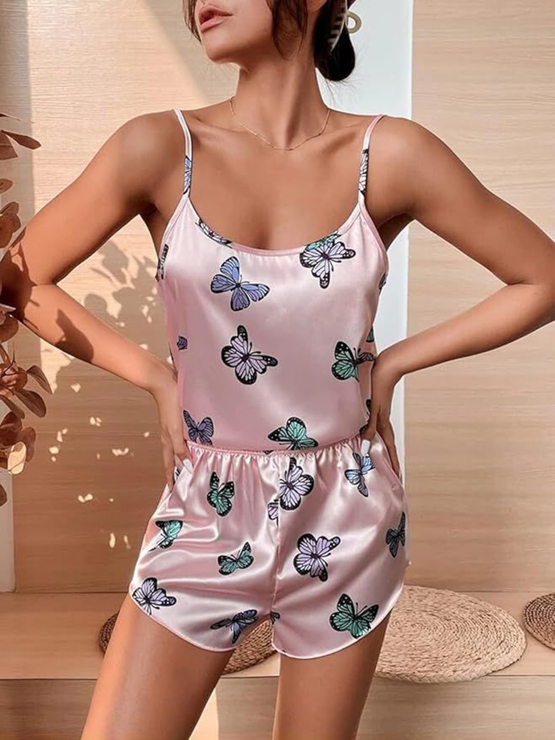 

XPIOX Printed Shoulder Strap Neck Night Suit, Pink