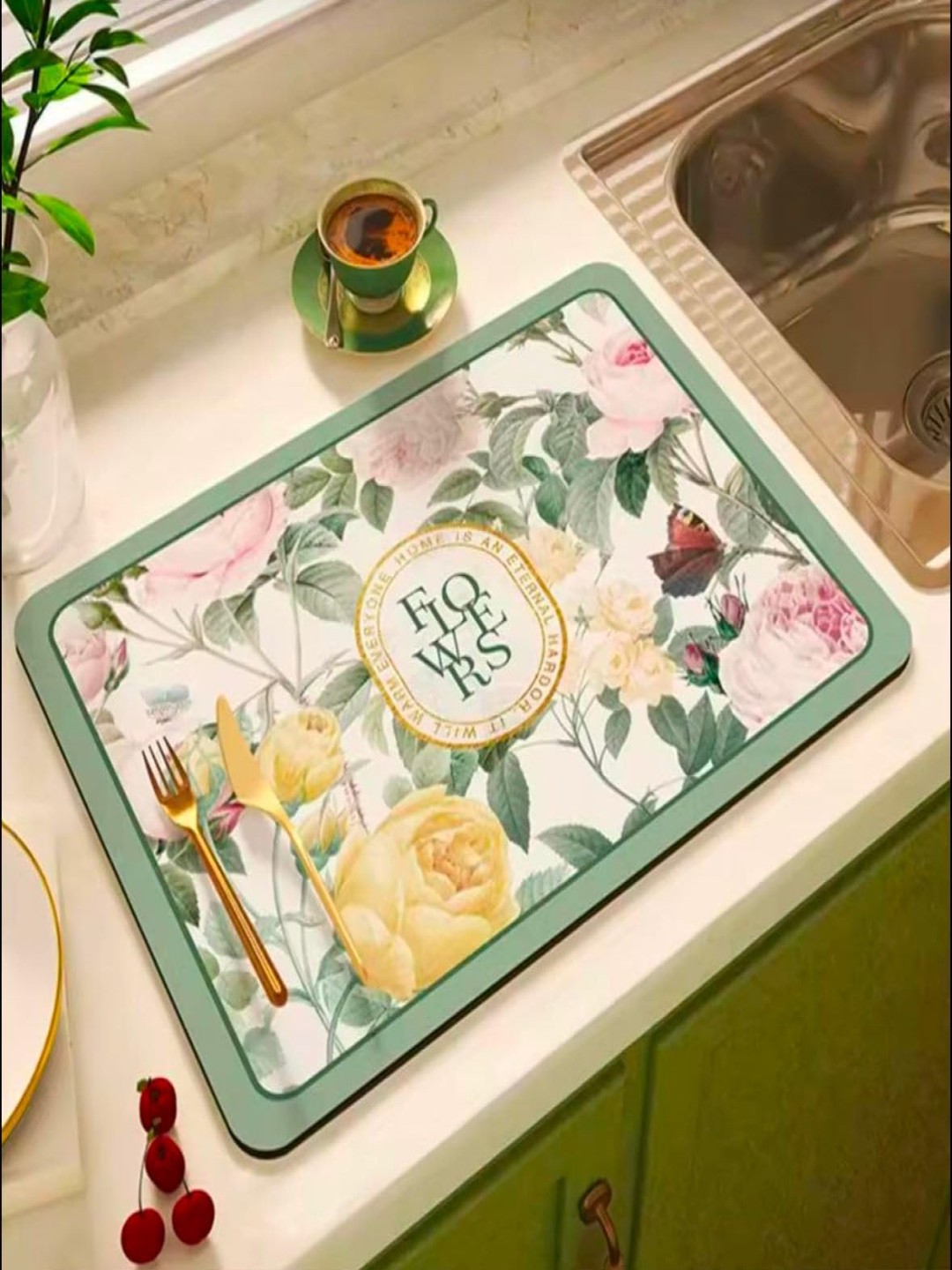 

HomeCloud Green Floral Printed Super Absorbent Non Slip Kitchen Counter Dish Drying Mat