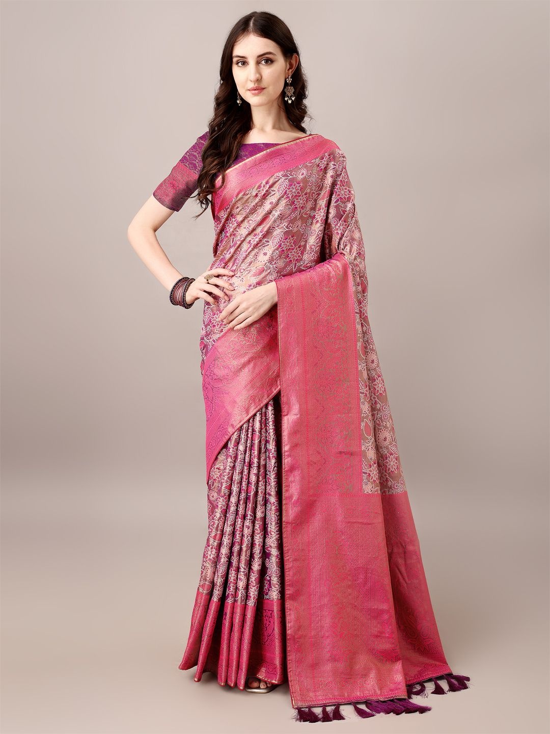 

FILIB LONDON Woven Design Zari Pure Silk Saree, Pink