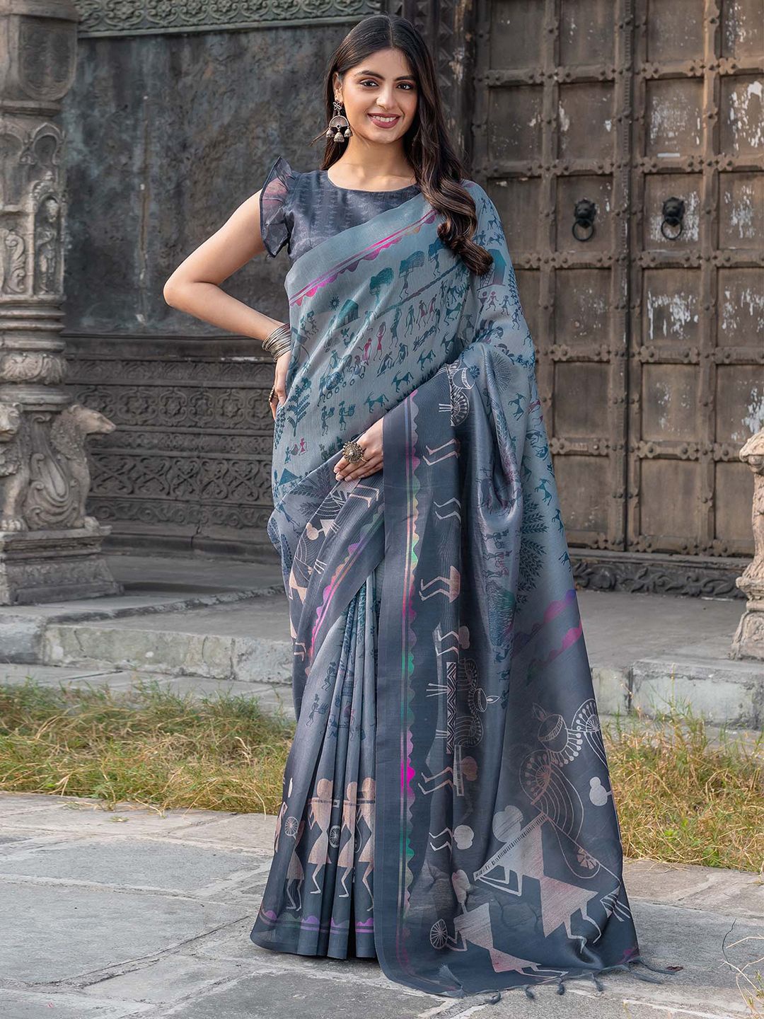 

Mitera Warli Silk Cotton Sungudi Saree, Grey