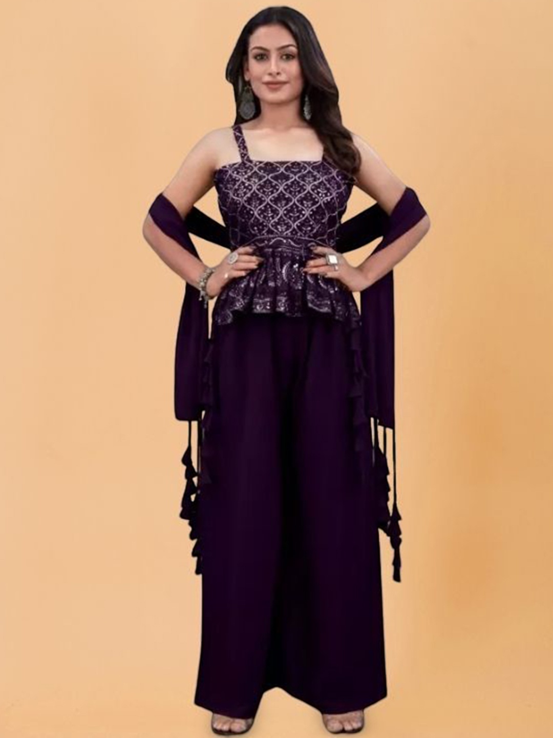 

PARROT CREATION Floral Embroidered Georgette Anarkali Kurti With Sharara & Dupatta, Purple