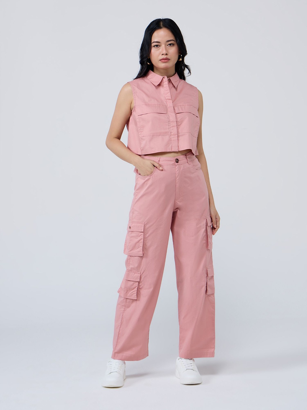 

20Dresses Shirt Collar Crop Shirt With Trousers, Pink
