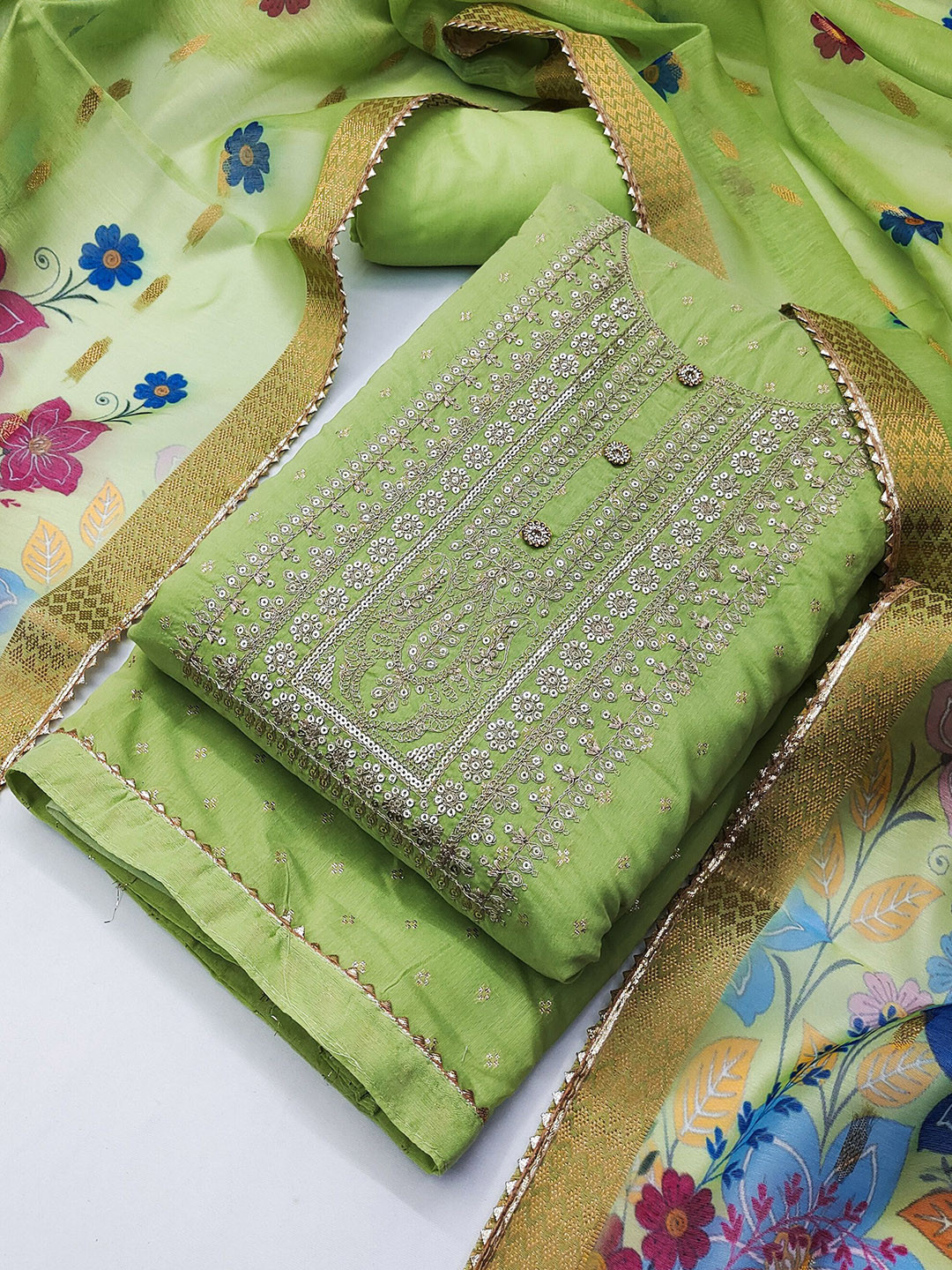

TAVAS Floral Embroidered Zari Unstitched Dress Material, Green