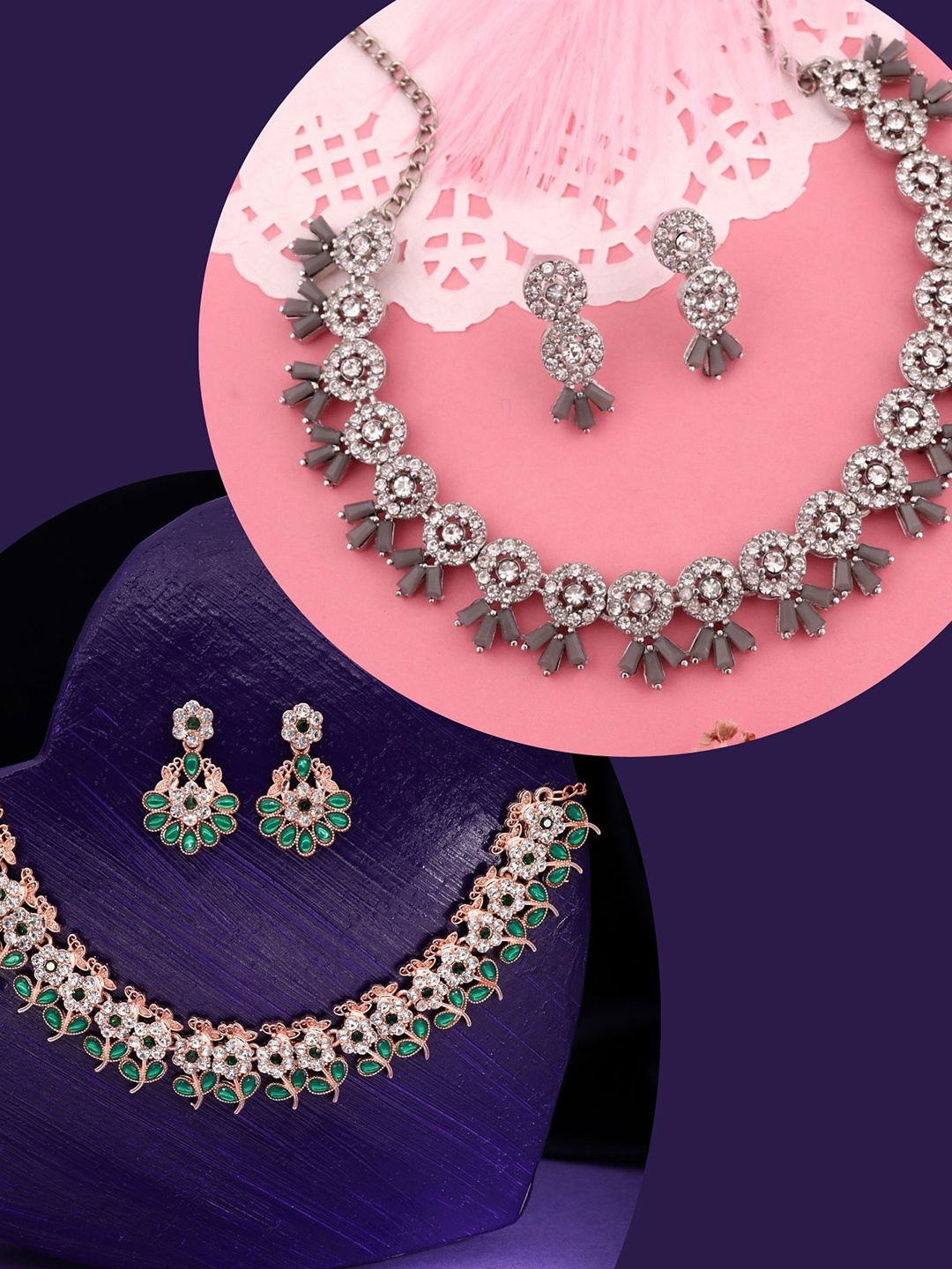 

DIVASTRI Pahal Set Of 2 Silver-Plated & Rose Gold-Plated AD Studded Jewellery Set