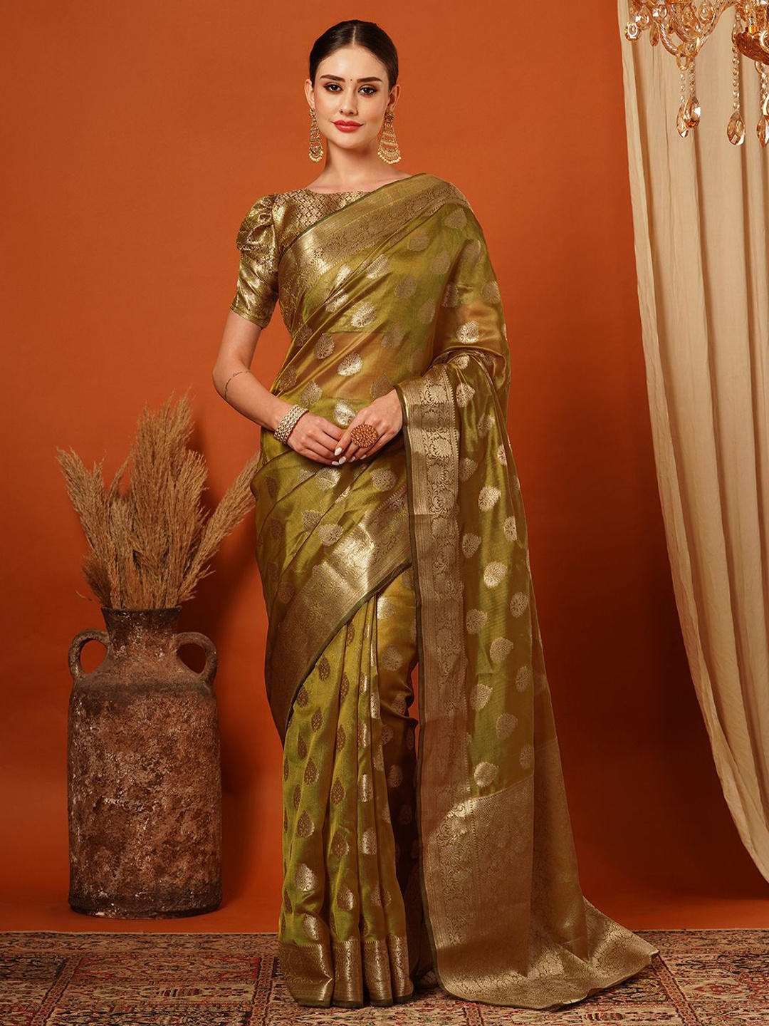 

SILKWEAR Ethnic Motifs Organza Handloom Banarasi Saree, Mustard