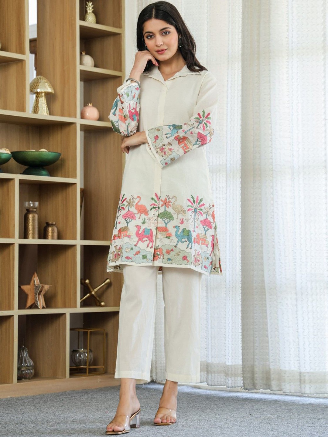

AUTUMN LANE Embroidered Shirt Collar Pure Cotton Tunic With Trouser, White