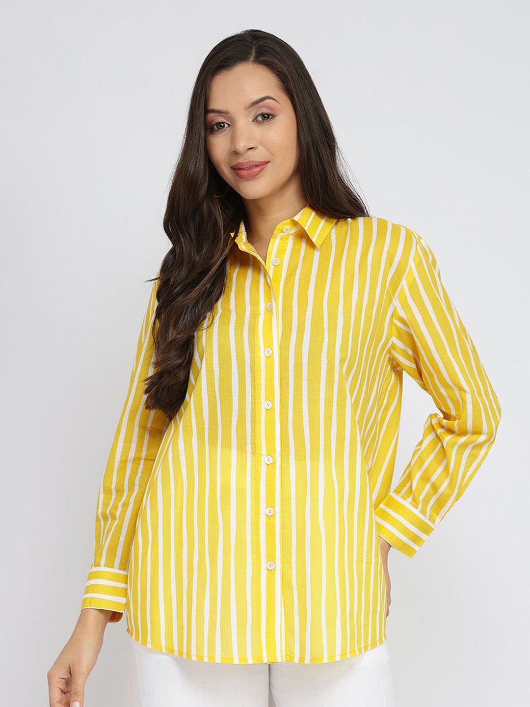 

Pink Fort Cotton Striped Full Sleeves Shirt - Yellow