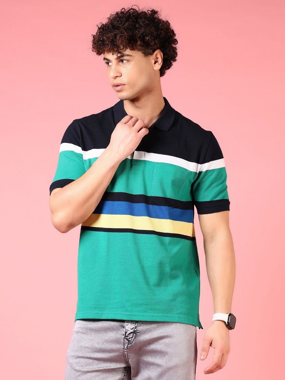 

V-Mart Men Striped Polo Collar Cotton T-shirt, Green