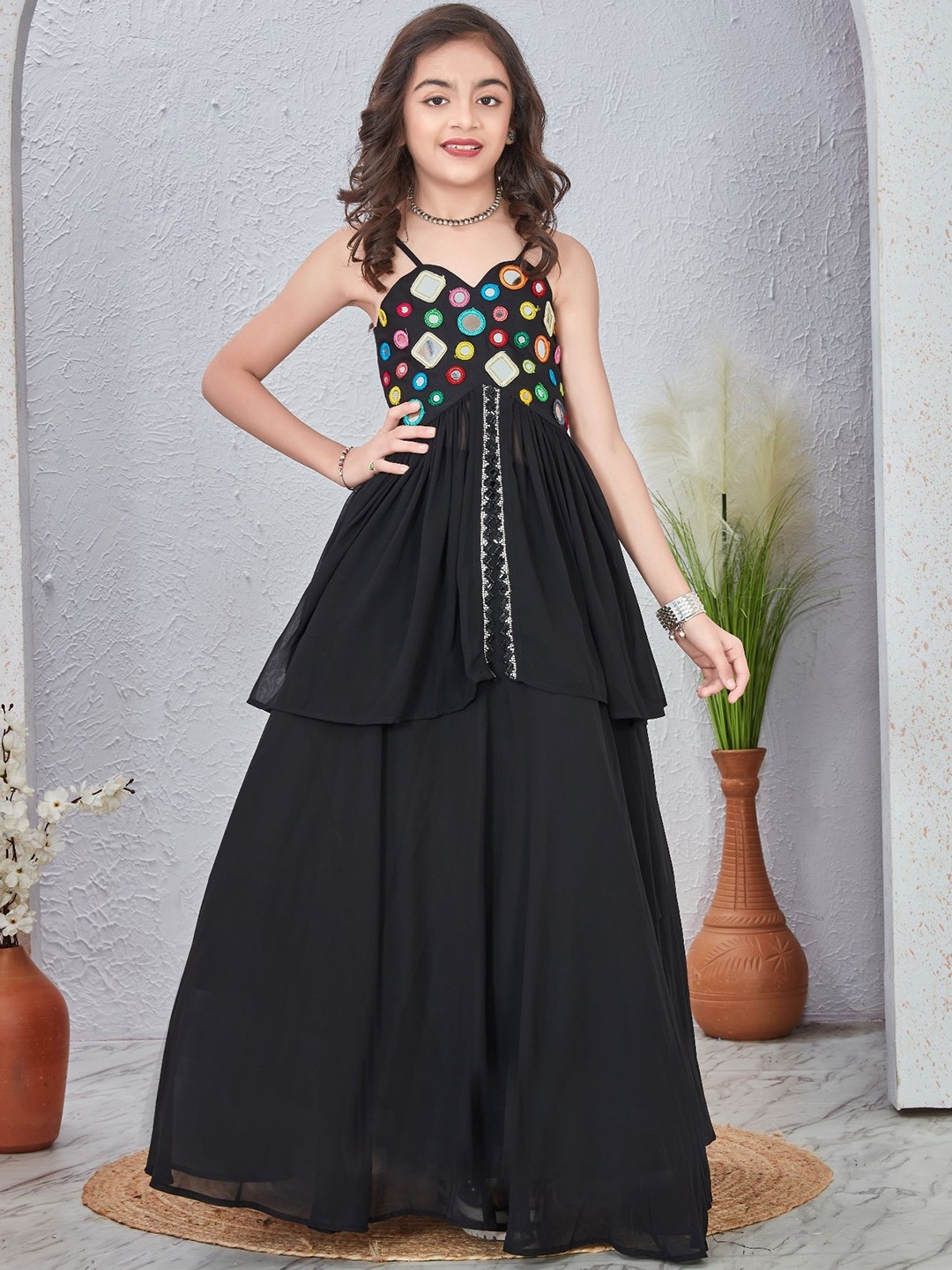 

Anneca Girls Embroidered Mirror Sweetheart Neck Lehenga & Choli, Black