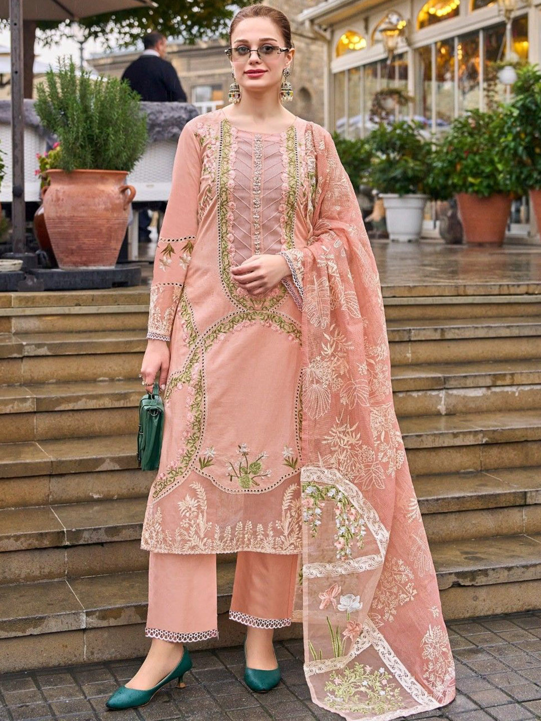 

AUTUMN LANE Floral Embroidered Round Neck Straight Kurta With Trousers And Dupatta, Peach