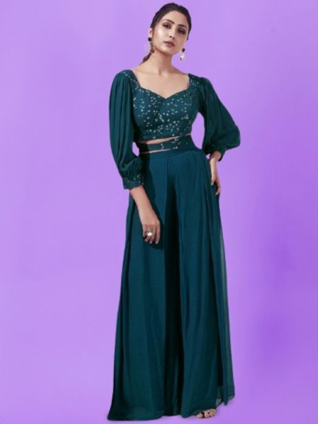

PARROT CREATION Embroidered V-Neck Crop Top With Palazzos, Teal
