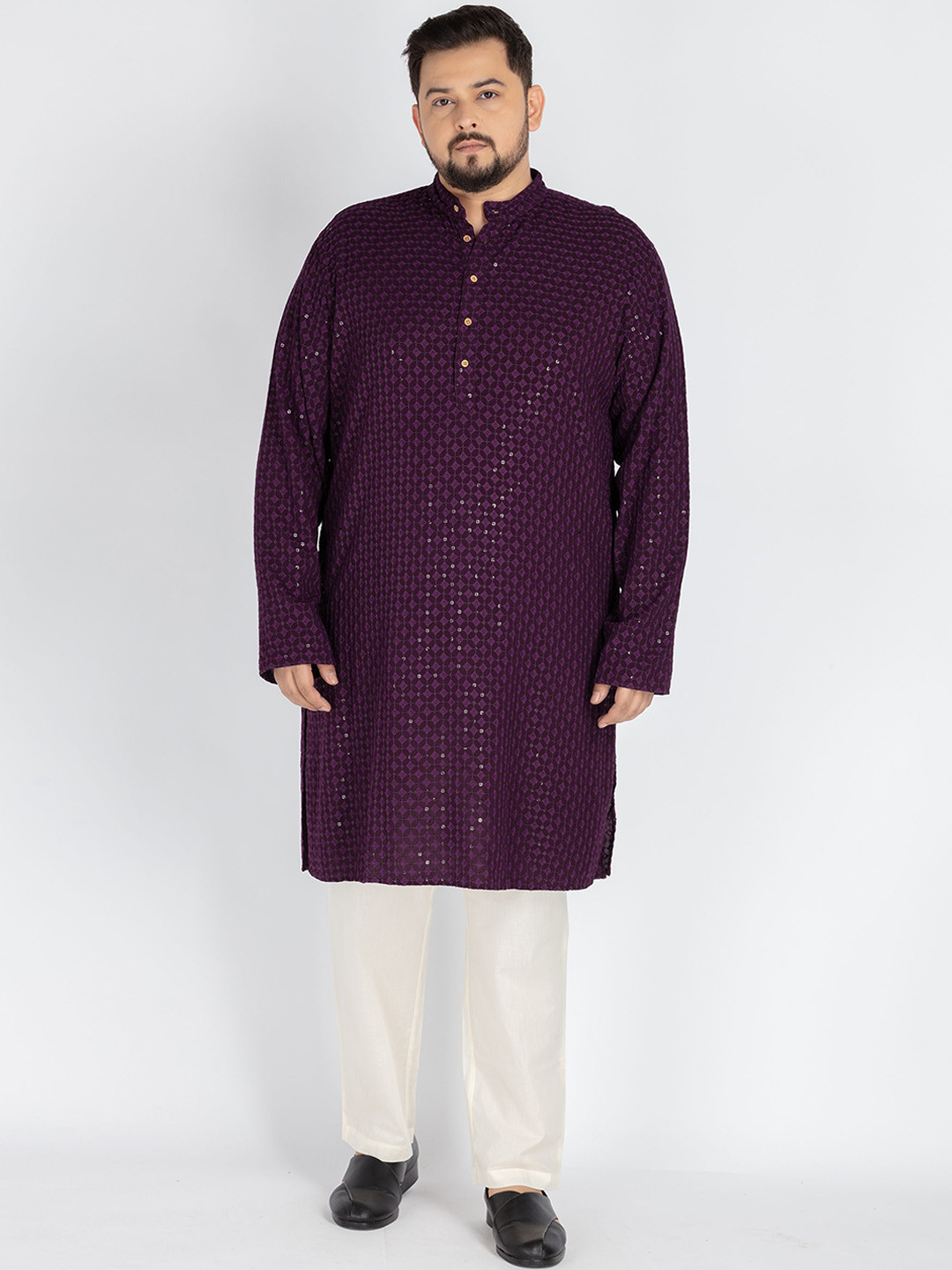 

UNSIZED Geometric Embroidered Sequinned Mandarin Collar Kurta, Purple