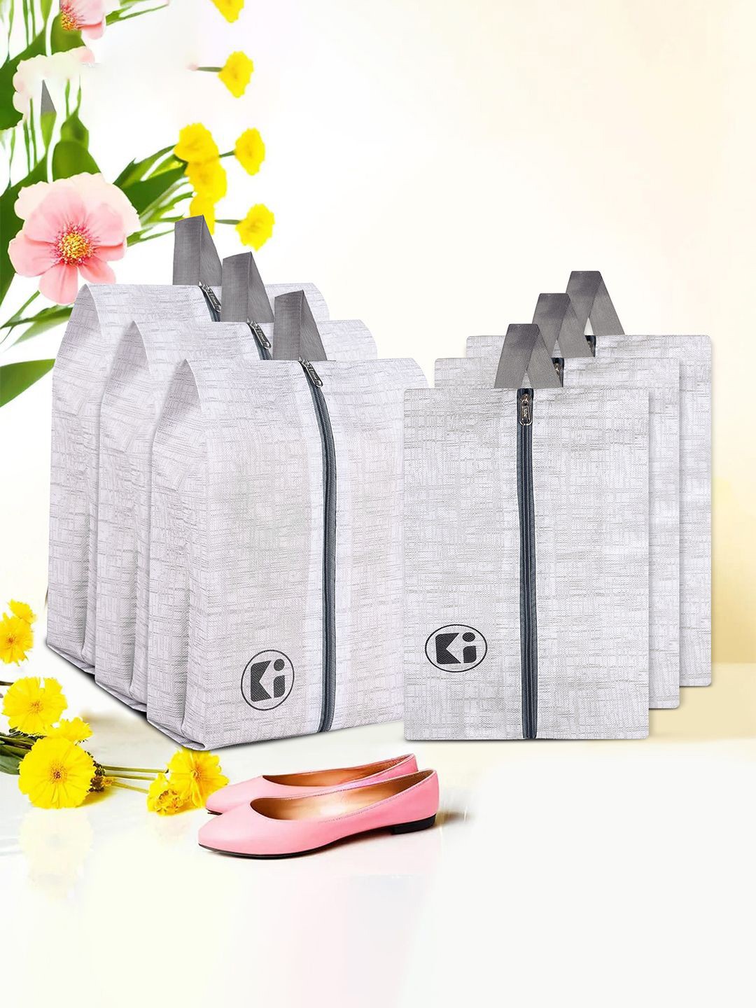 

Kuber Industries Grey & Black Pack Of 6 Printed Non-Woven Jute Travel Shoe Organizer