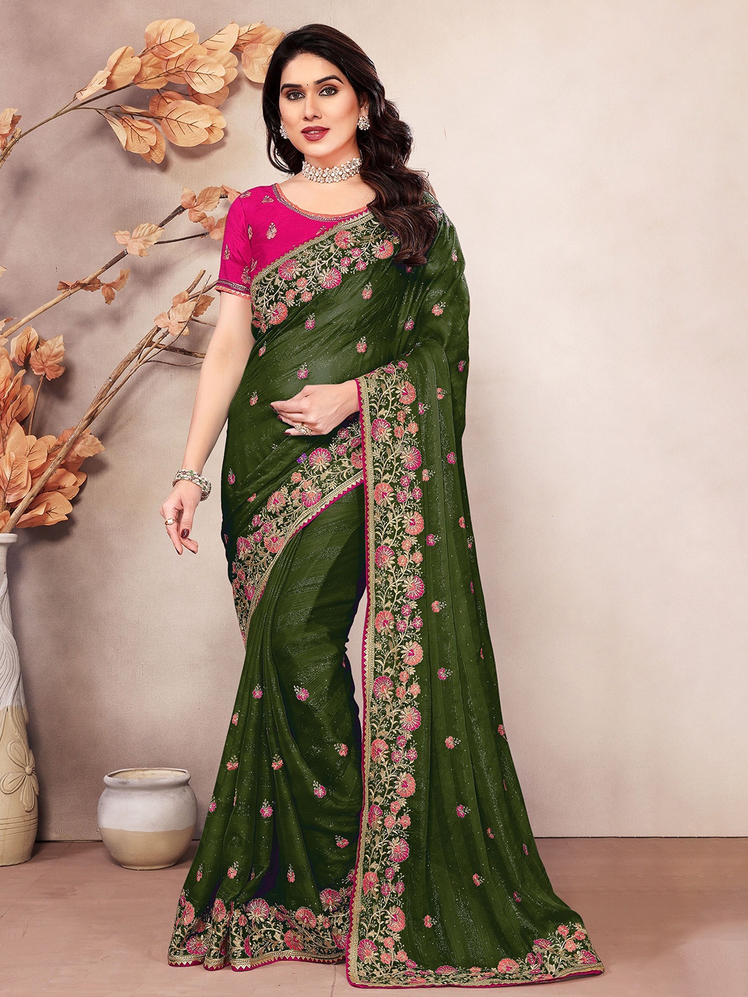 

KHRITI FAB Embellished Embroidered Silk Blend Saree, Green