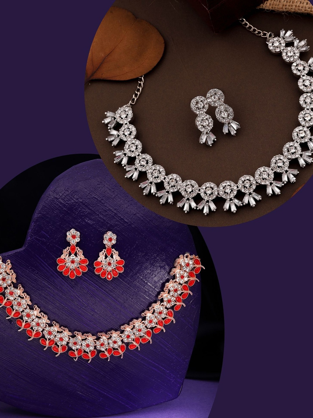 

DIVASTRI Set Of 2 Rose Gold & Silver-Plated American Diamonds Studded Jewellery Set