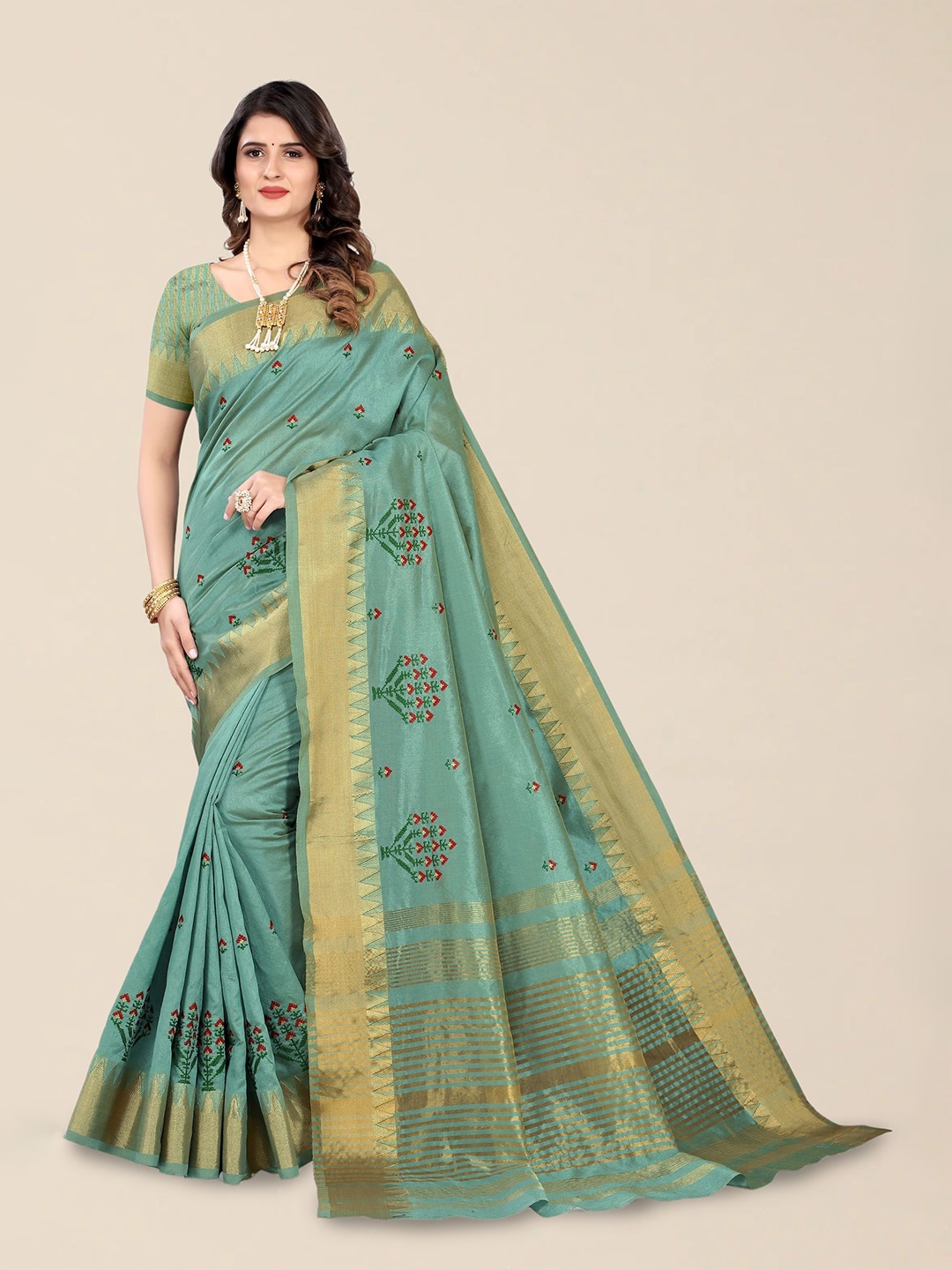 

DIVASTRI Woven Design Embroidered Silk Cotton Banarasi Saree, Turquoise blue