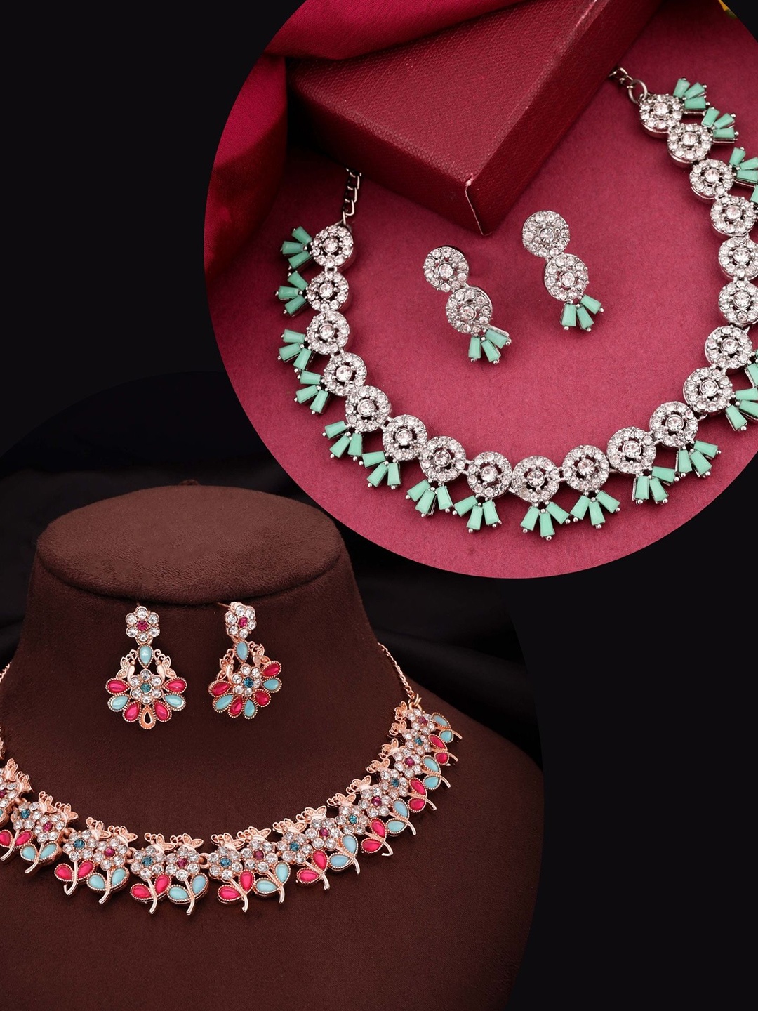 

DIVASTRI Pahal Set Of 2 Silver-Plated & Rose Gold-Plated AD Studded Jewellery Set