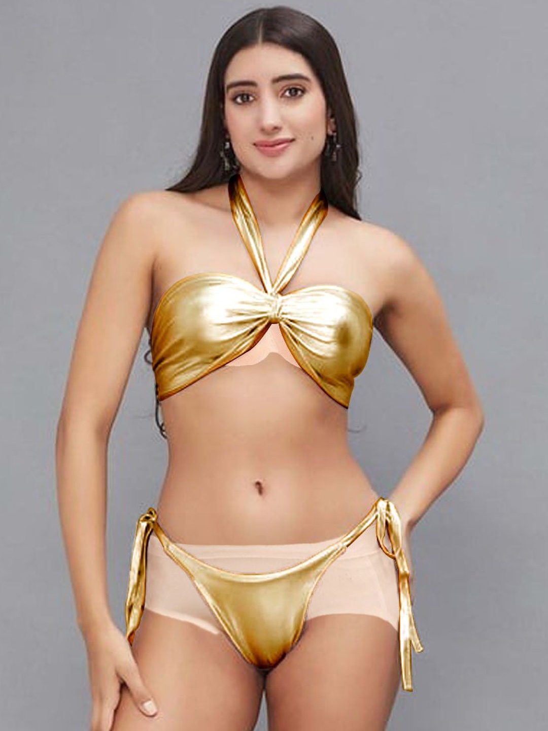 

FIMBUL Halter Neck Tie Ups Bikini Set, Gold