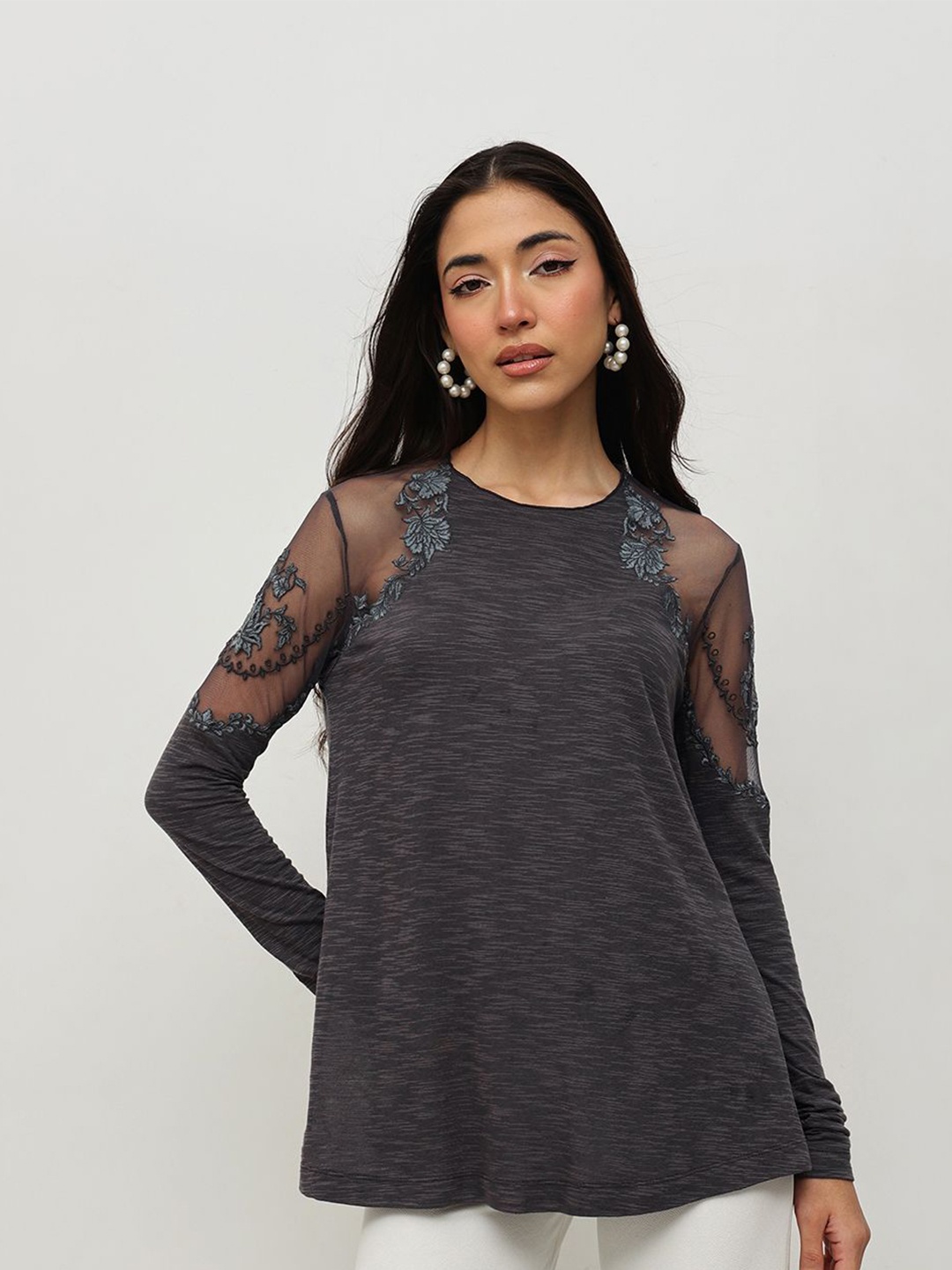 

HOUSE OF S Embroidered Cold-Shoulder Top, Black