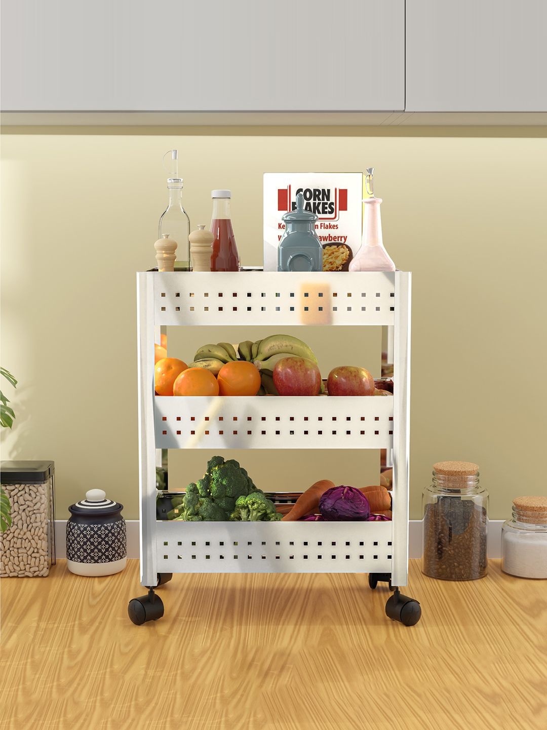 

Kuber Industries Silver-Toned Pack of 2 Textured 3-Tier Kitchen Storage Rack with Wheels