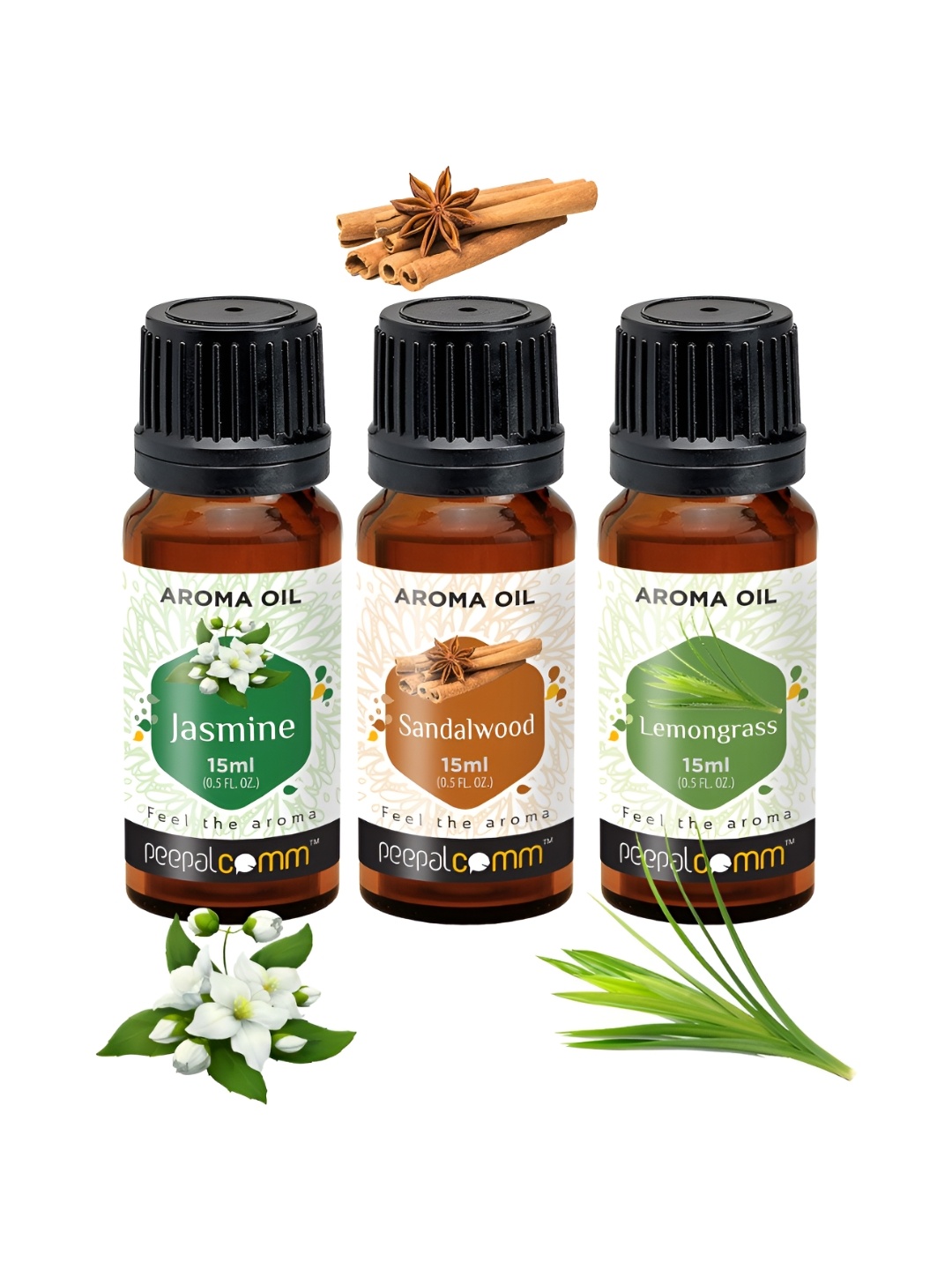 

PEEPALCOMM 3-Pcs Black Sandalwood Jasmine & Lemongrass Aroma Oils - 15 ml