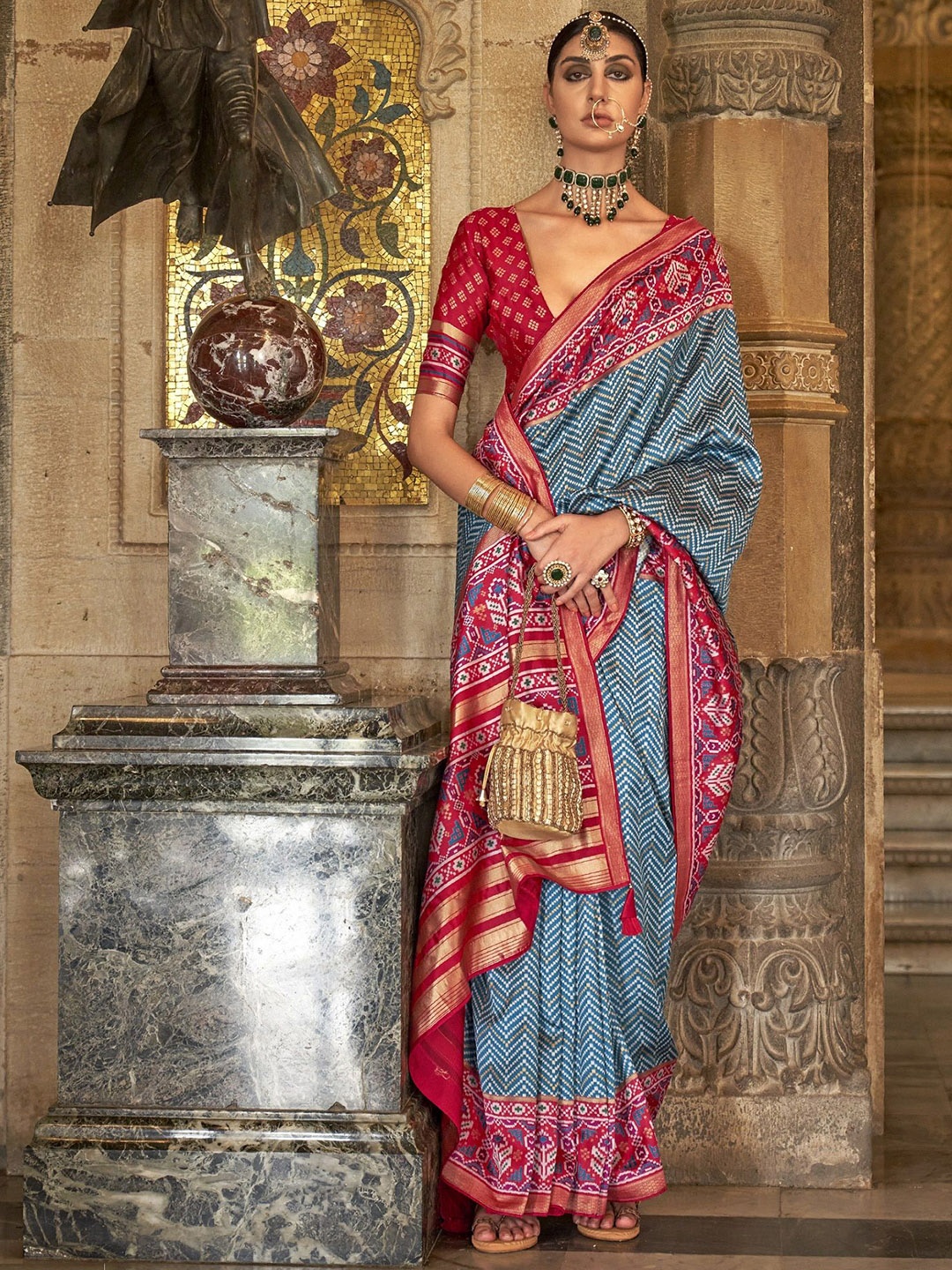 

MAHALASA Ethnic Motifs Pure Silk Handloom Patola Saree, Turquoise blue