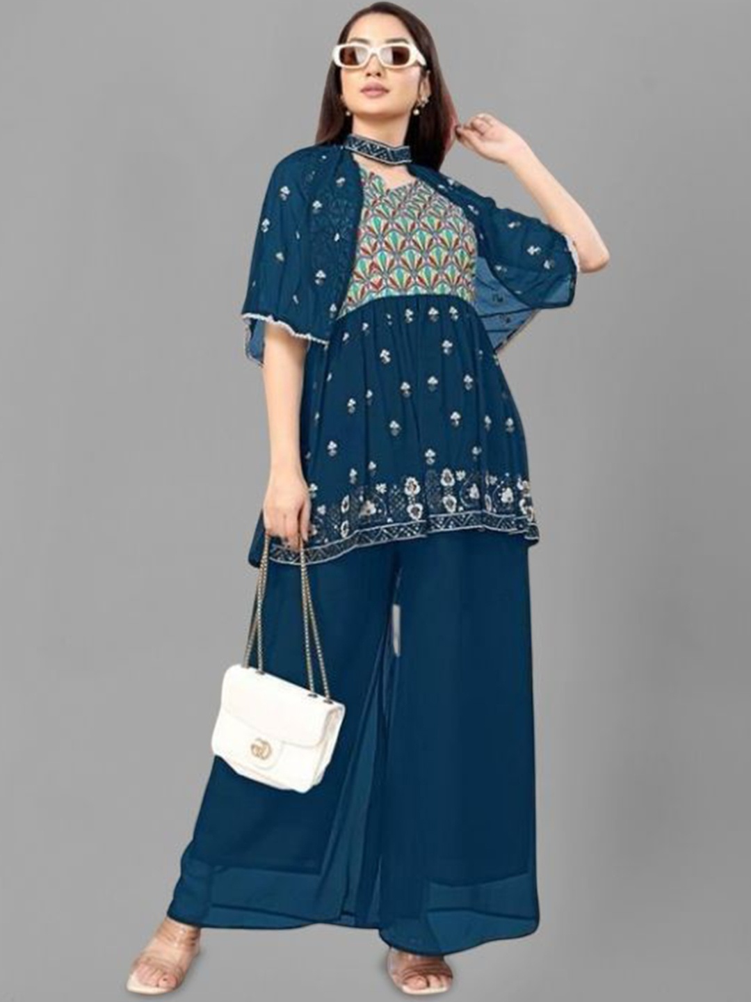 

PARROT CREATION Floral Embroidered Pleated Georgette A-Line Kurti with Palazzos & Cape, Turquoise blue