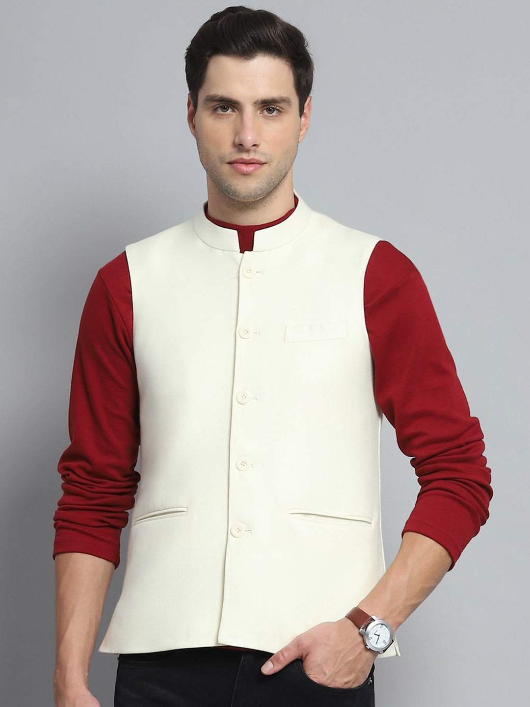 

Monte Carlo Sleeveless Woven Nehru Jacket, Cream