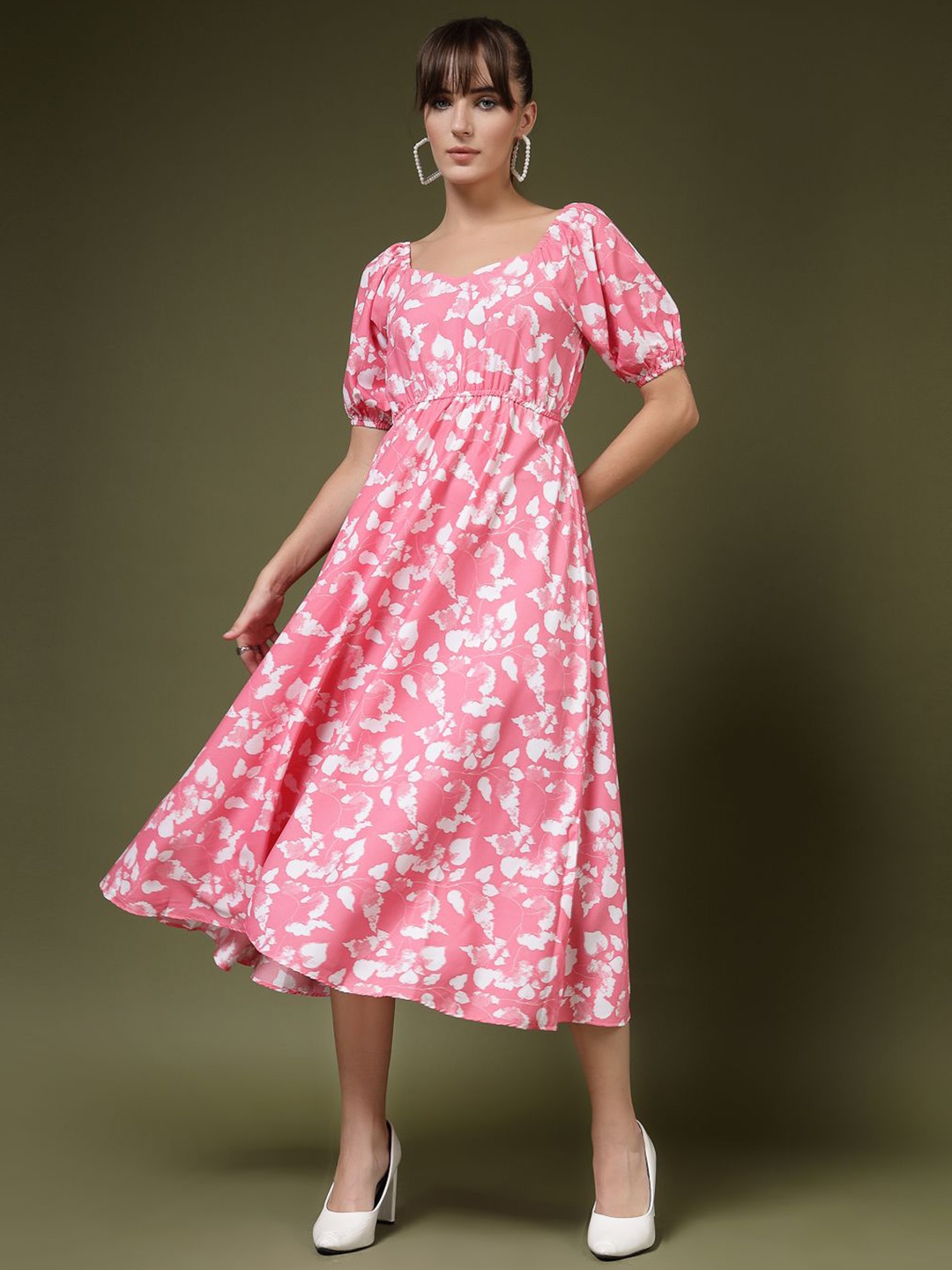 

DressBerry Floral Print Puff Sleeve Crepe Fit & Flare Maxi Dress, Pink