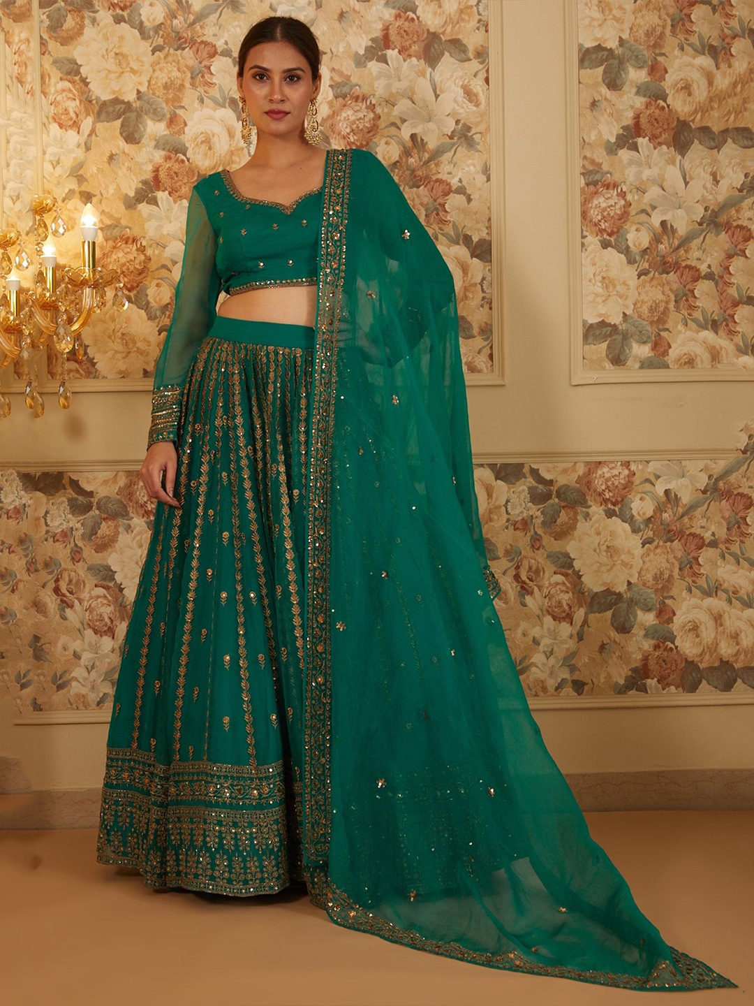 

FABPIXEL Embroidered Sequinned Semi-Stitched Organza Lehenga & Blouse With Dupatta, Green