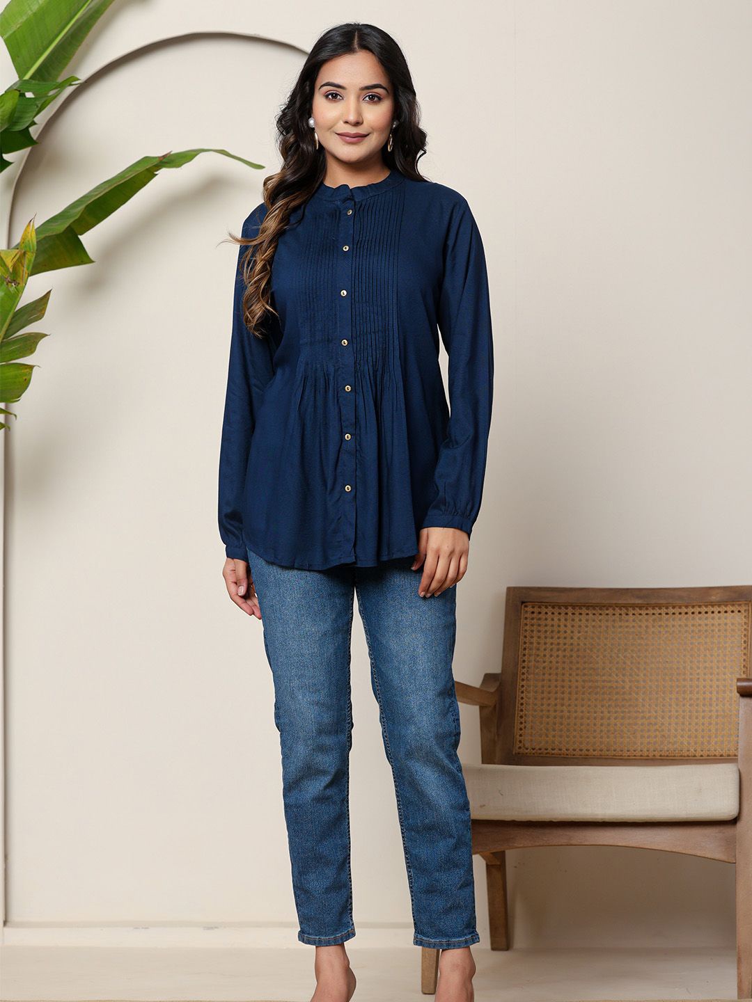 

ARAVALII Print Ethnic Shirt Style Top, Blue