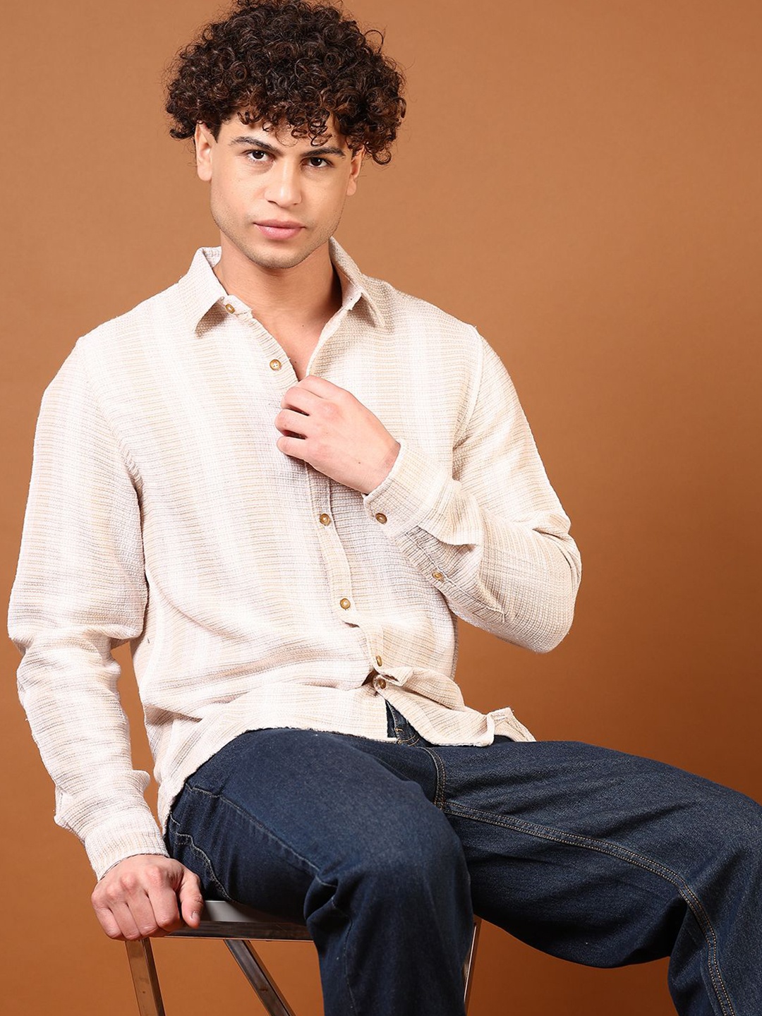 

V-Mart Men Opaque Striped Casual Shirt, Beige