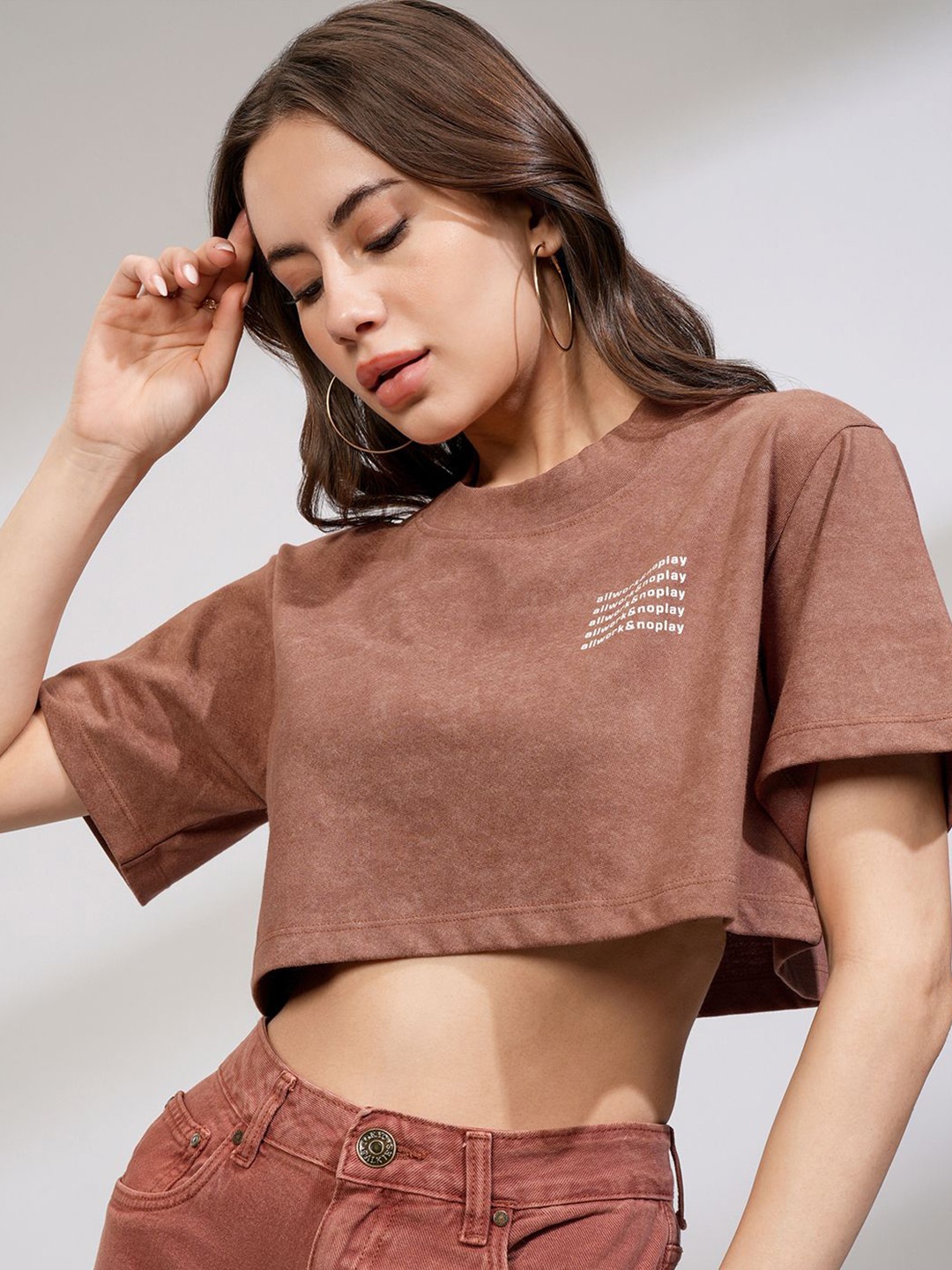 

Tokyo Talkies Women Printed Cropped Oversized Top, Brown