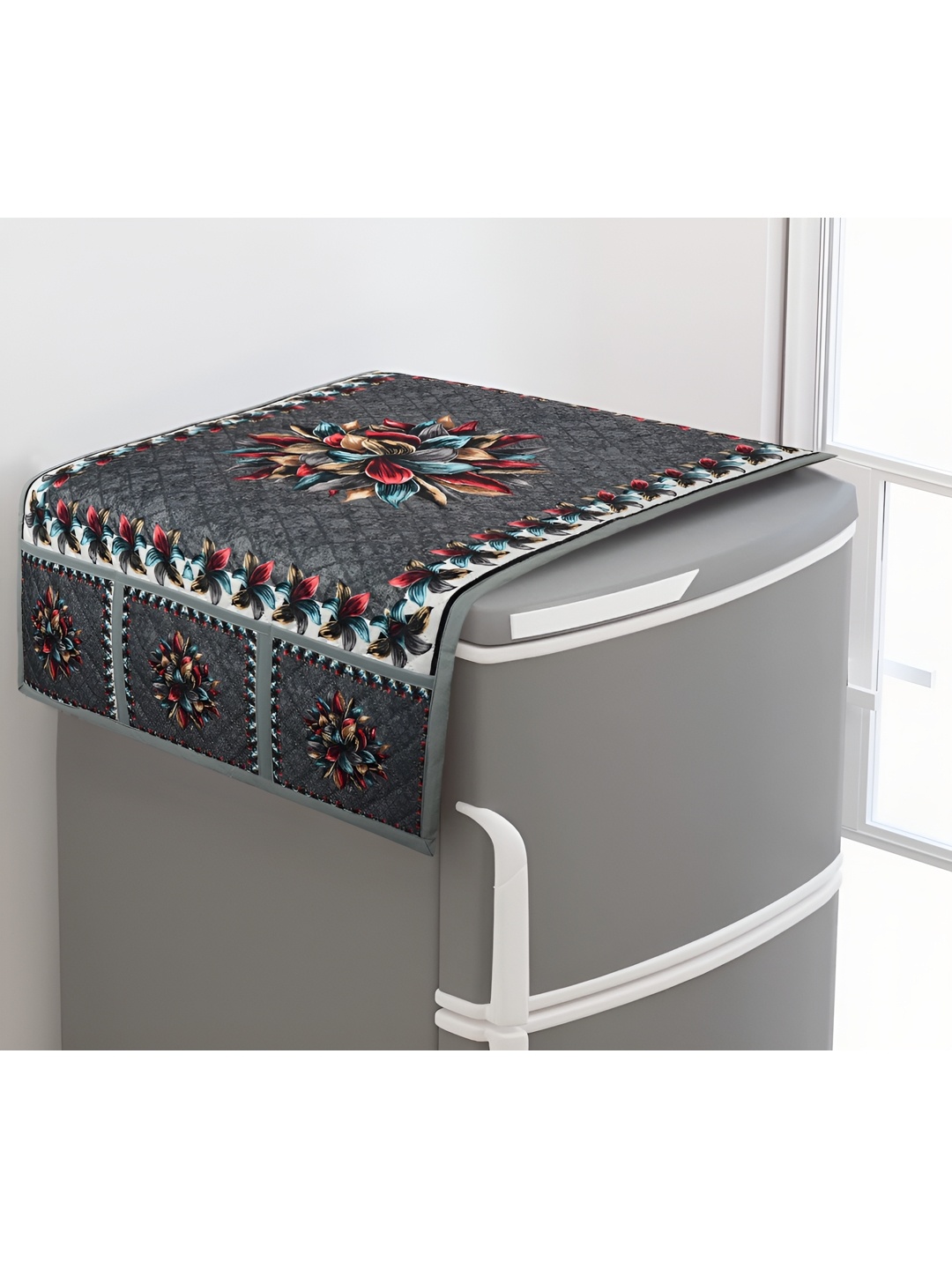 

Dakshya Industries Grey & Red Floral Printed Refrigerator Cover