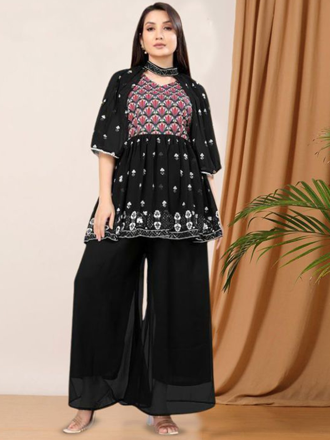 

PARROT CREATION Floral Embroidered Pleated Georgette A-Line Kurti with Palazzos & Cape, Black