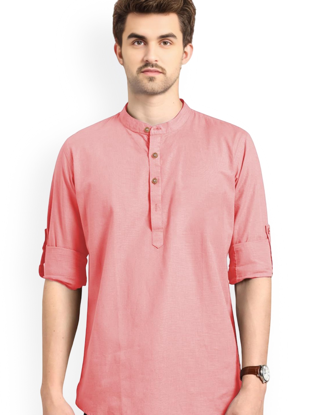 

Vida Loca 2 Band Collar Rolled-Up Sleeves Slim Fit Pure Cotton Short Kurta, Peach