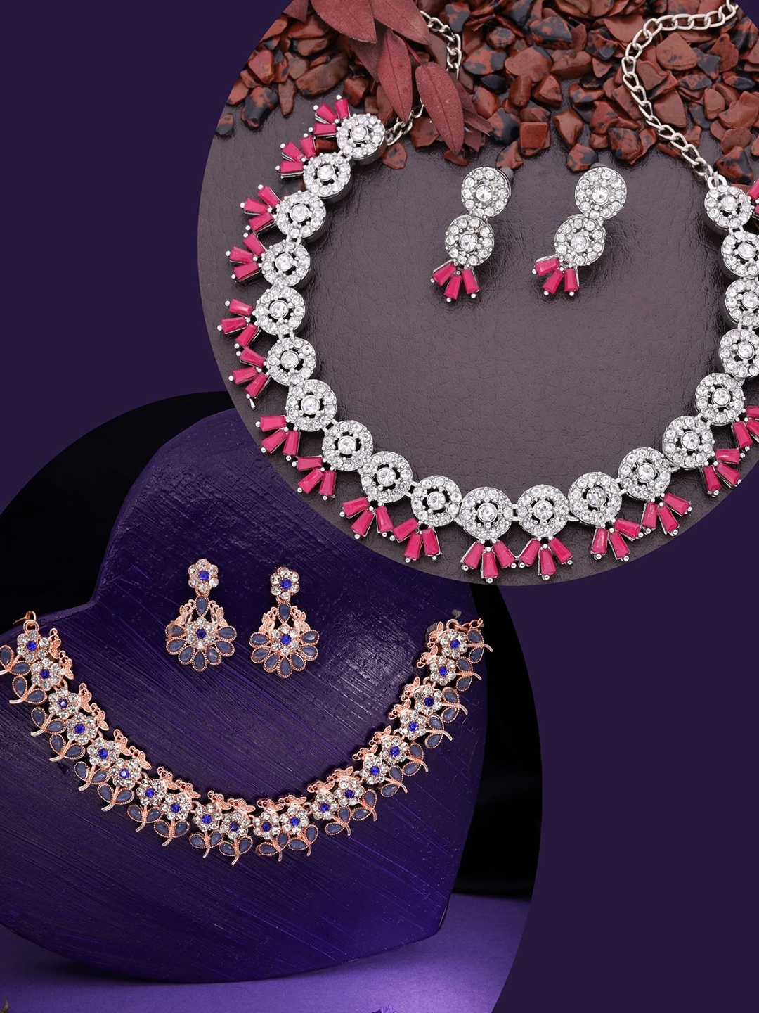 

DIVASTRI Set Of 2 Silver-Plated American Diamond Studded Jewellery Set