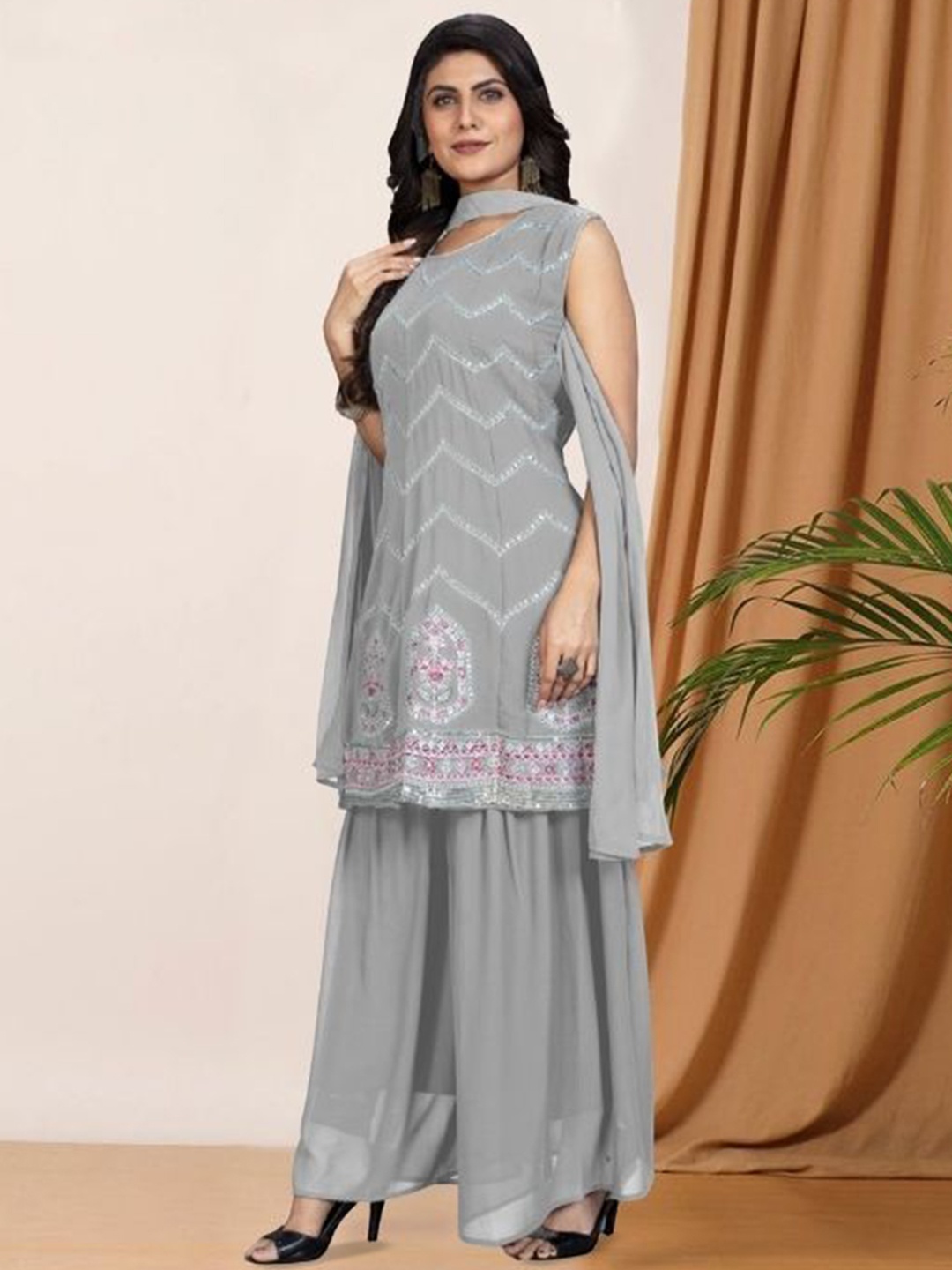 

PARROT CREATION Floral Embroidered Sequinned Georgette A-Line Kurti With Sharara & Dupatta, Grey
