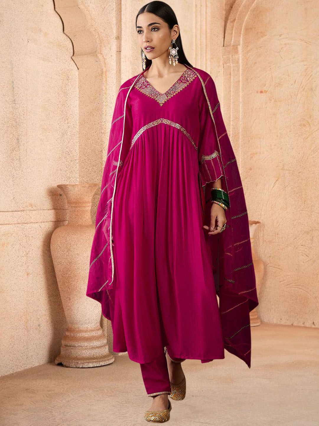 

Sangria Embroidered Sequinned A-Line Kurta Trousers & With Dupatta, Pink