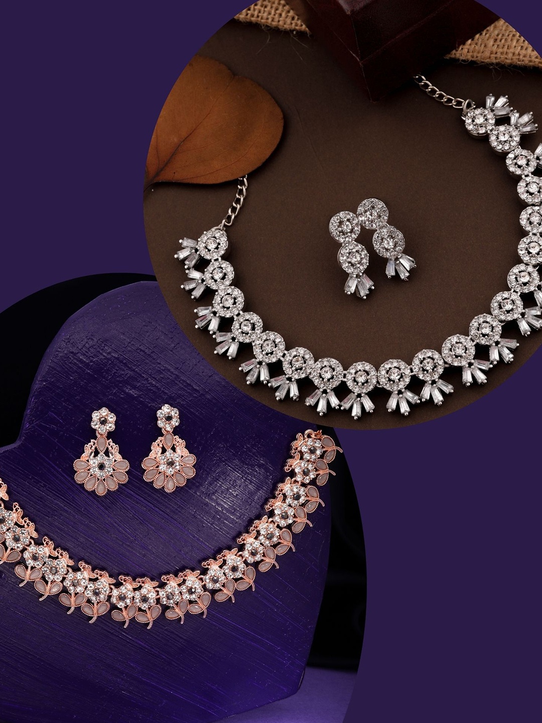 

DIVASTRI Pahal Set Of 2 Silver-Plated & Rose Gold-Plated AD Studded Jewellery Set