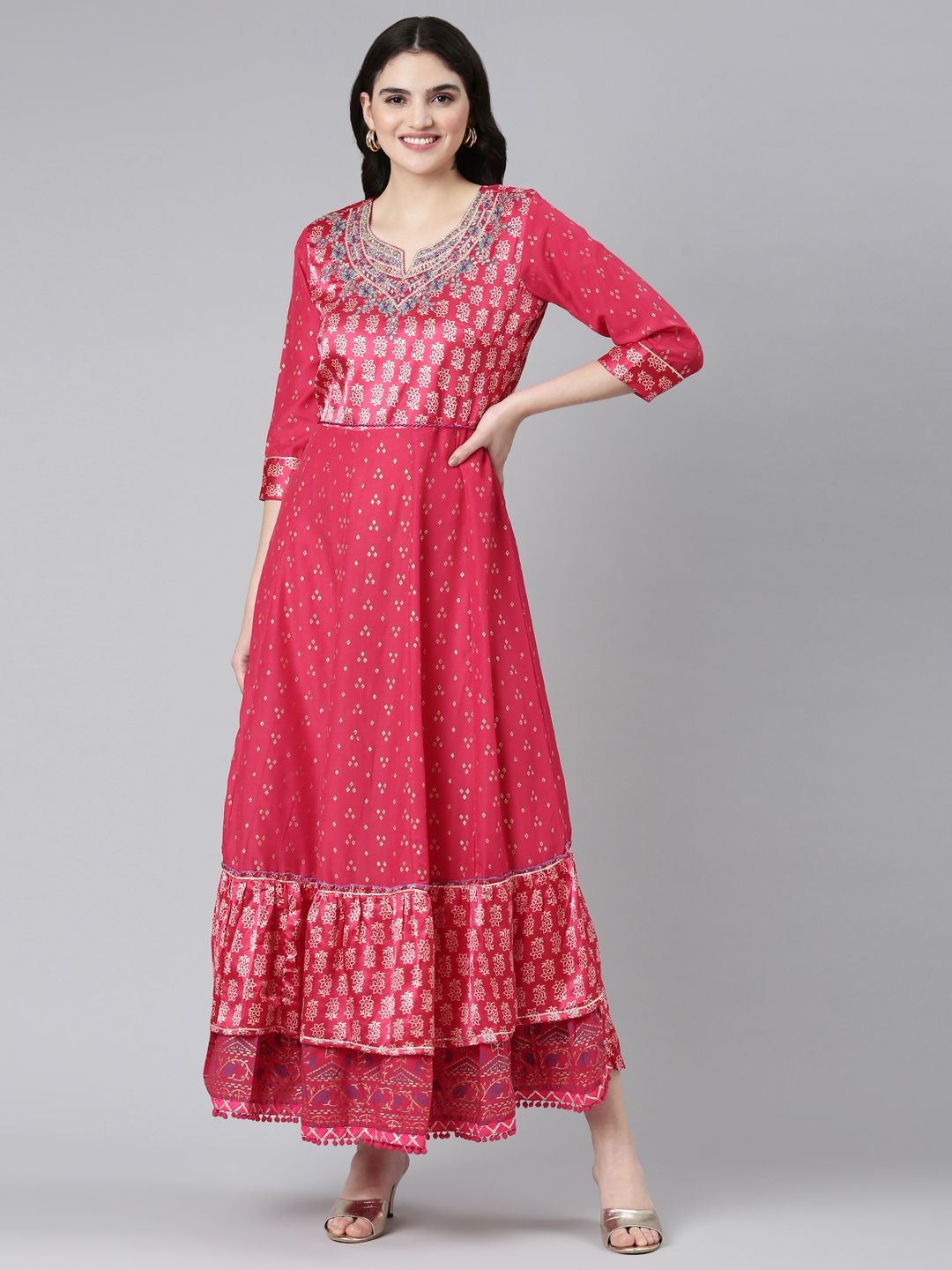 

Neerus Floral Embroidered Maxi Dress, Pink