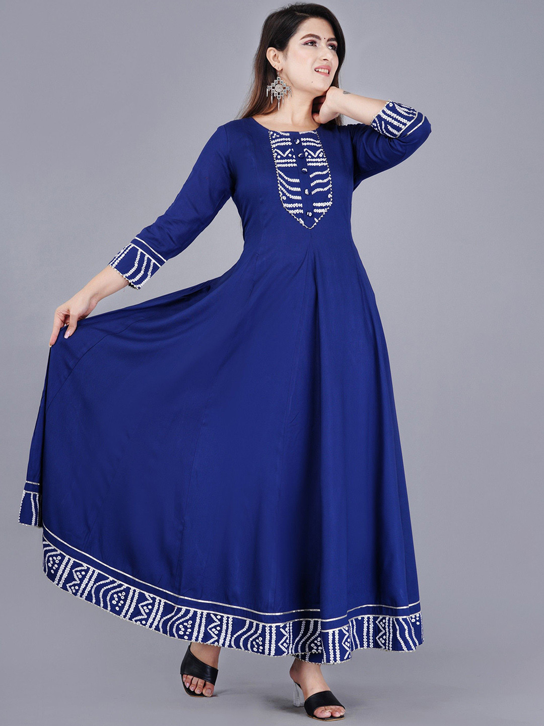 

rf clothes Bandhani Printed Round Neck Gotta Patti Anarkali Kurta With Trousers, Blue