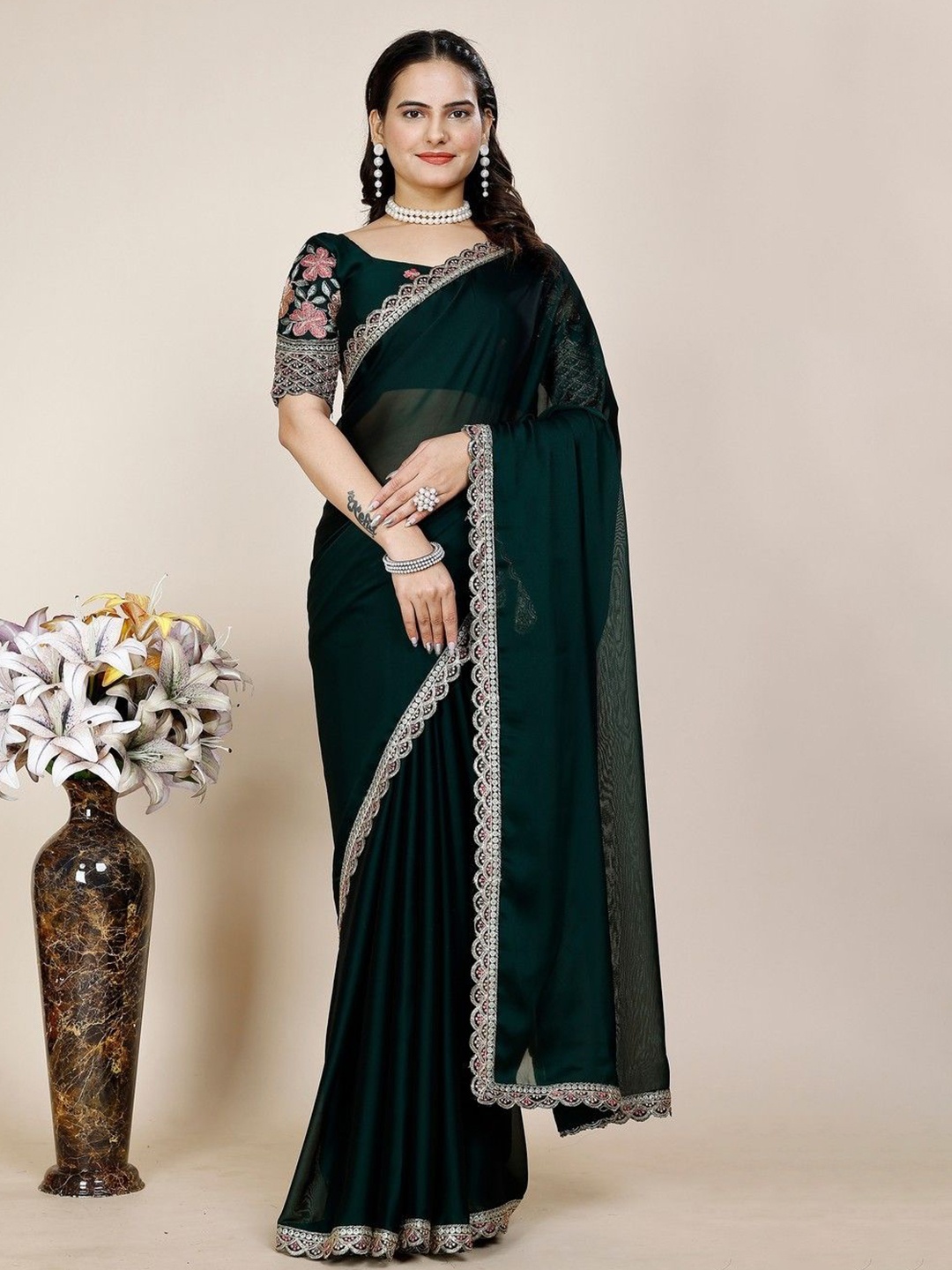 

K 5 Fashion Embroidered Pure Chiffon Saree, Green