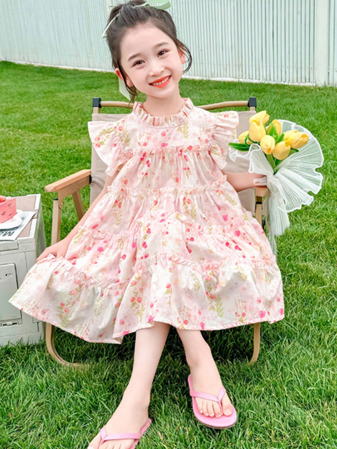 

LULU & SKY Girls Floral Printed High Neck Flutter Sleeves Tiered A-Line Dress, Pink